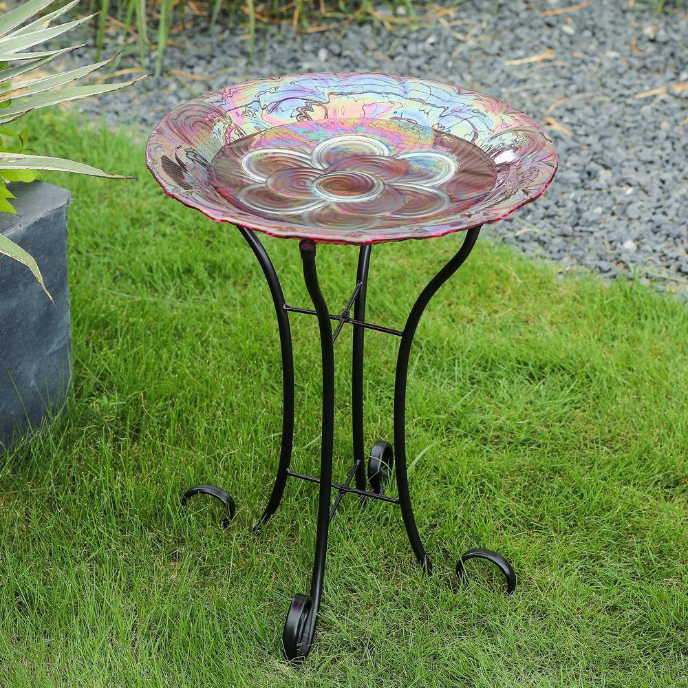 Luxen Home Pink Swirl Flower Glass Bird Bath with Metal Stand WHP1163