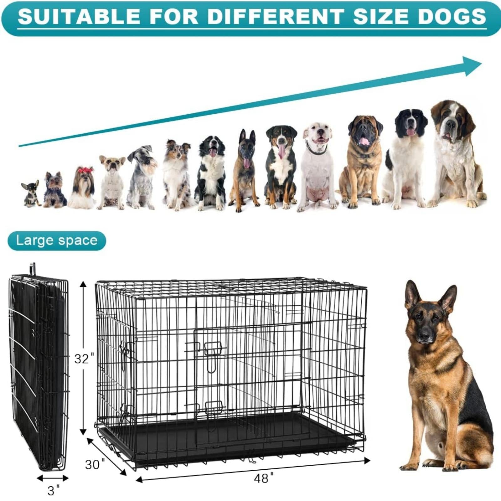 NiamVelo 48 inch Large Dog Crate  Dog Cage Dog Kennel， Folding Metal Wire Pet Crate with Handle and Plastic Tray， IndoorandOutdoor， Black XXL
