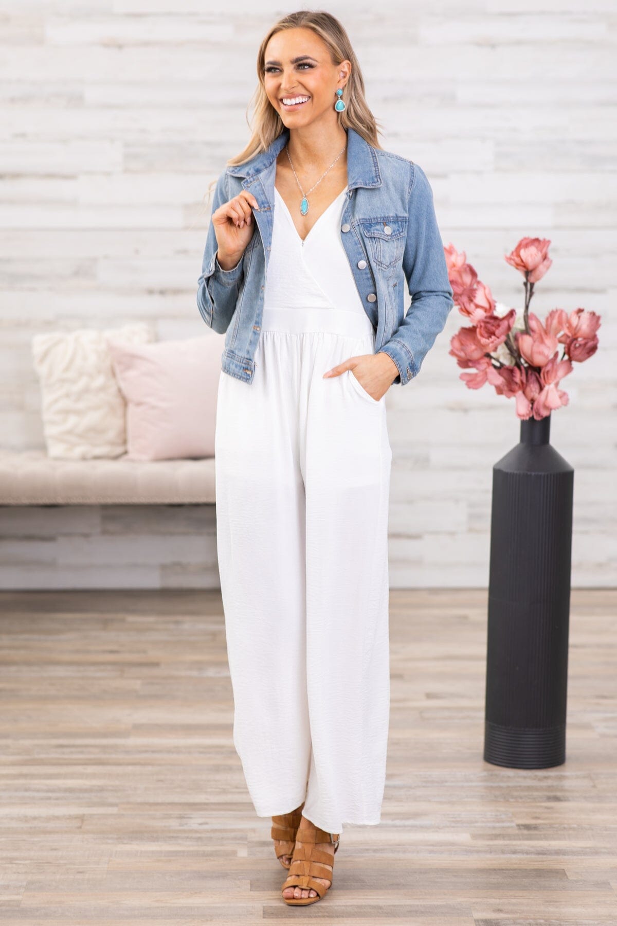 Off White Smocked Waist Double V-Neck Jumpsuit