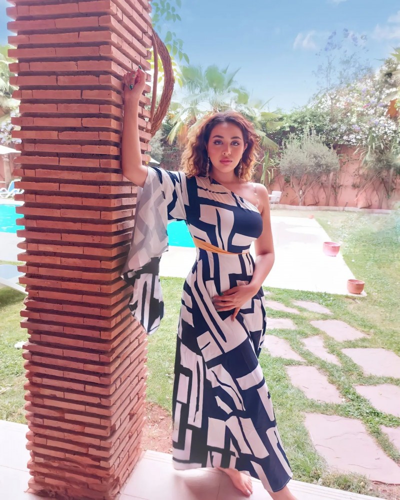 One Shoulder Navy Blue Geometric Print Maxi Dress