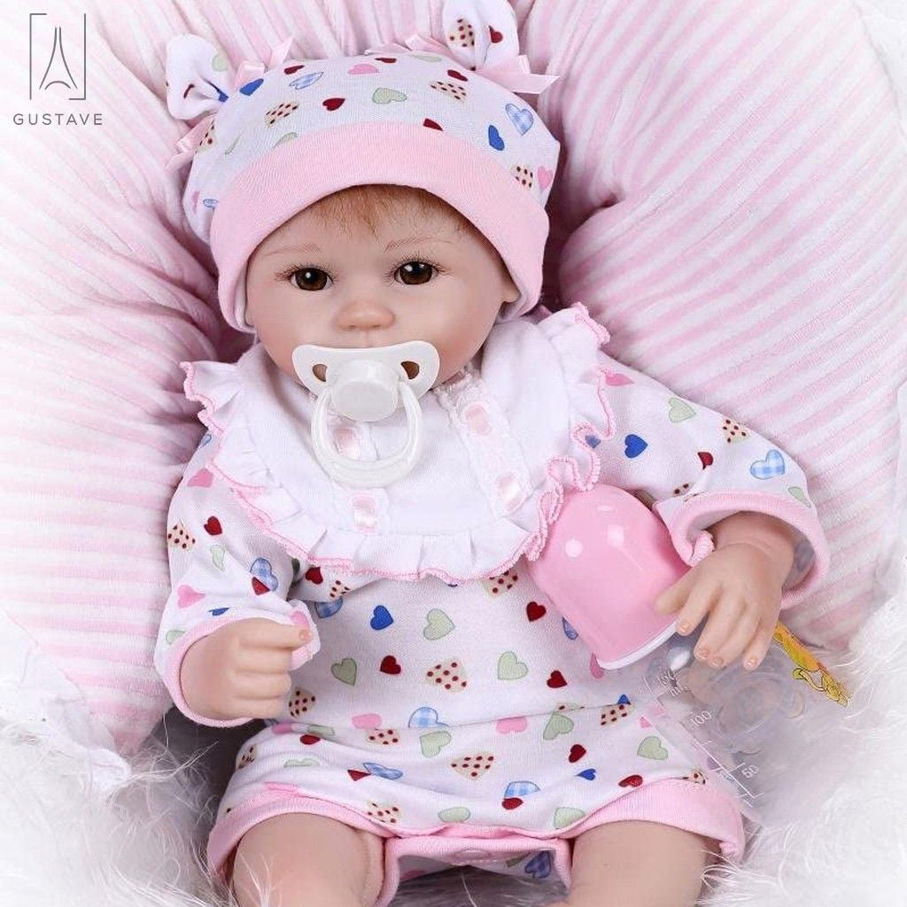 Gustave Lifelike 18Inch Reborn Baby Doll, Soft Body Silicone Vinyl Newborn Lovely Girl Doll Handmade Toddler Toy Xmas Gift