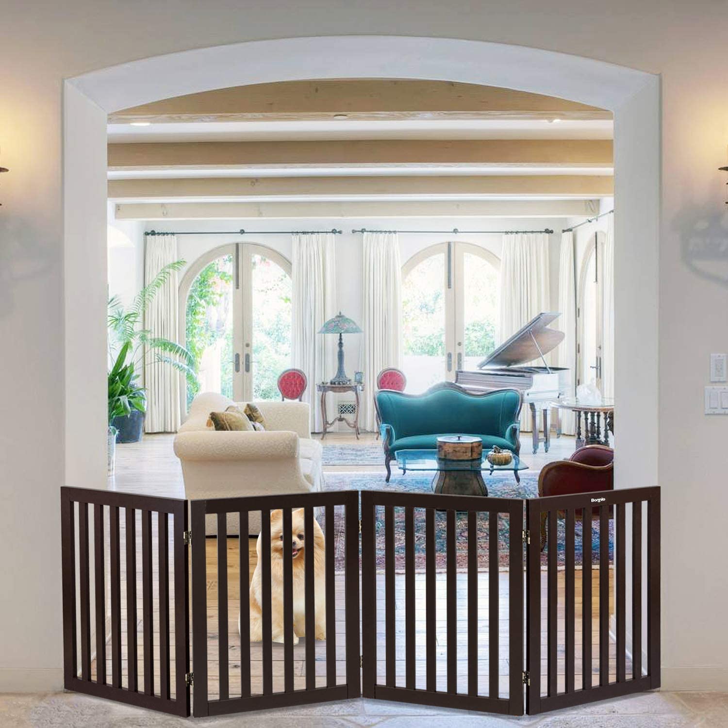 VINGLI Configurable Wood Dog Gate 4 Panel Freestanding Foldable Kitty Pet Puppy Doggy Gate Indoor Doorway Stairs | Fully Assembled | Expands Up to 82.9