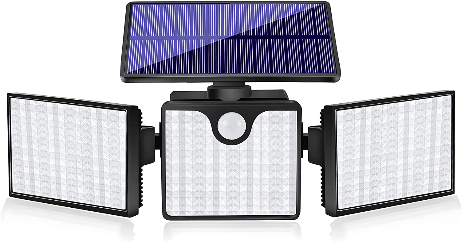 Ucgg Solar Light Outdoor， 1050Lm 299 LED Solar Flood Lights Adjustable 3 Head 270° Lighting with Motion Sensor， IP65 Waterproof for Porch Yard Exterior Wall -1Pack