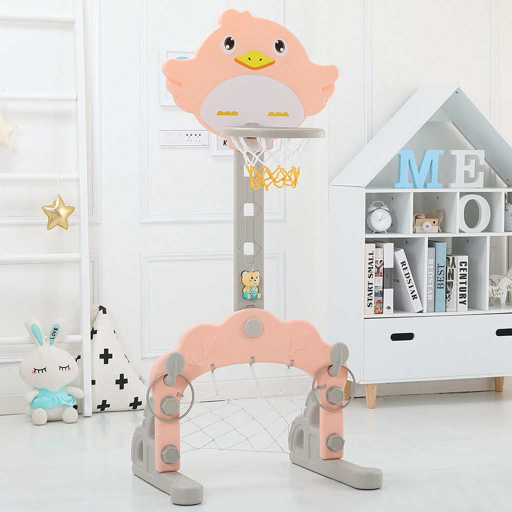 Oalirro Basketball Hoop Set， 3 in 1 Sports Activity Center Grow-to-Pro Adjustable Easy Score Basketball Hoop， Football / Soccer Goal， Ring Toss Cute Giraffe Best Gift for Baby Infant Toddler (Pink)