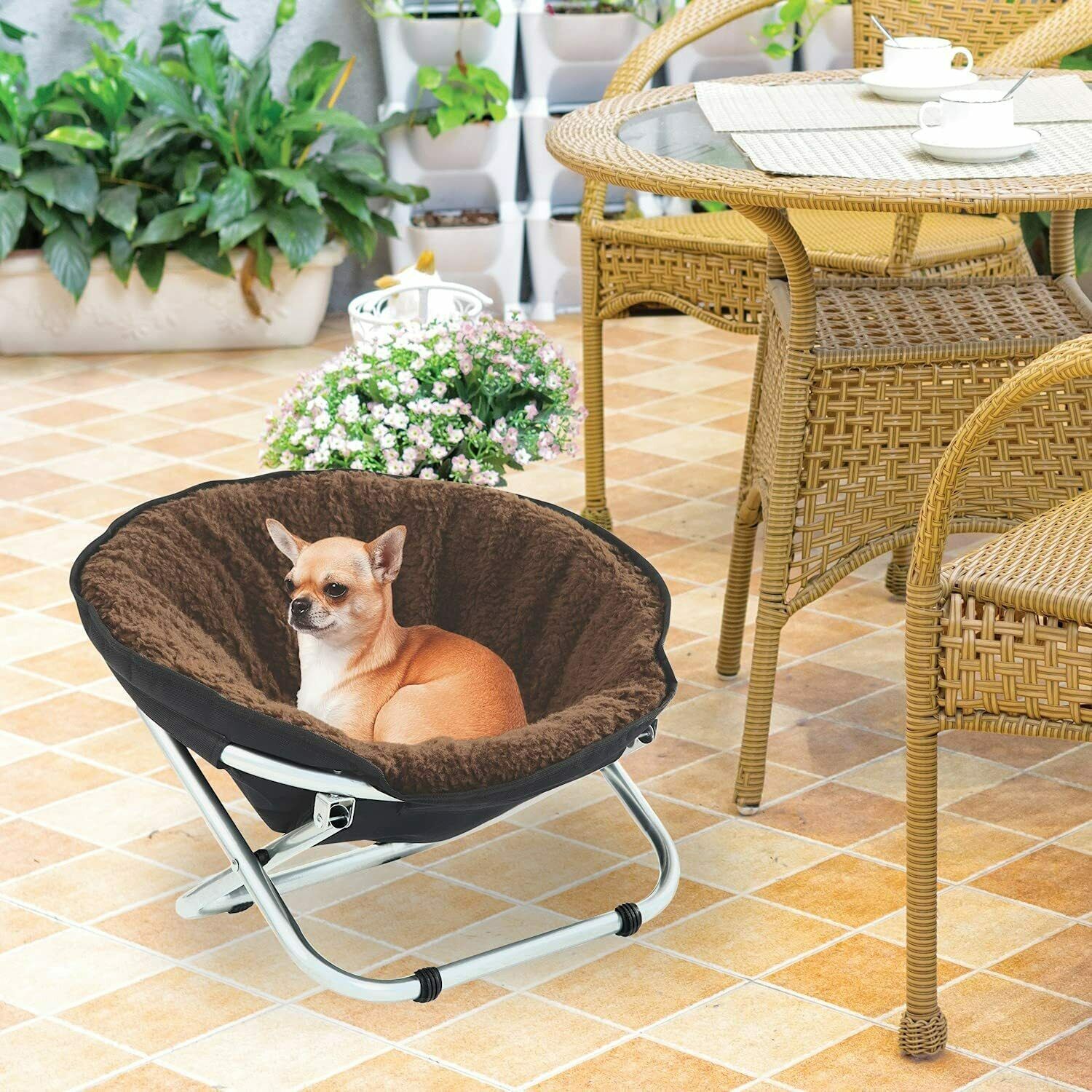 Pet Cot Chair - Portable Round Fold Out Elevated Cat Bed - Brown Fleece Top Cushion - Papasan Chair for Small Dogs