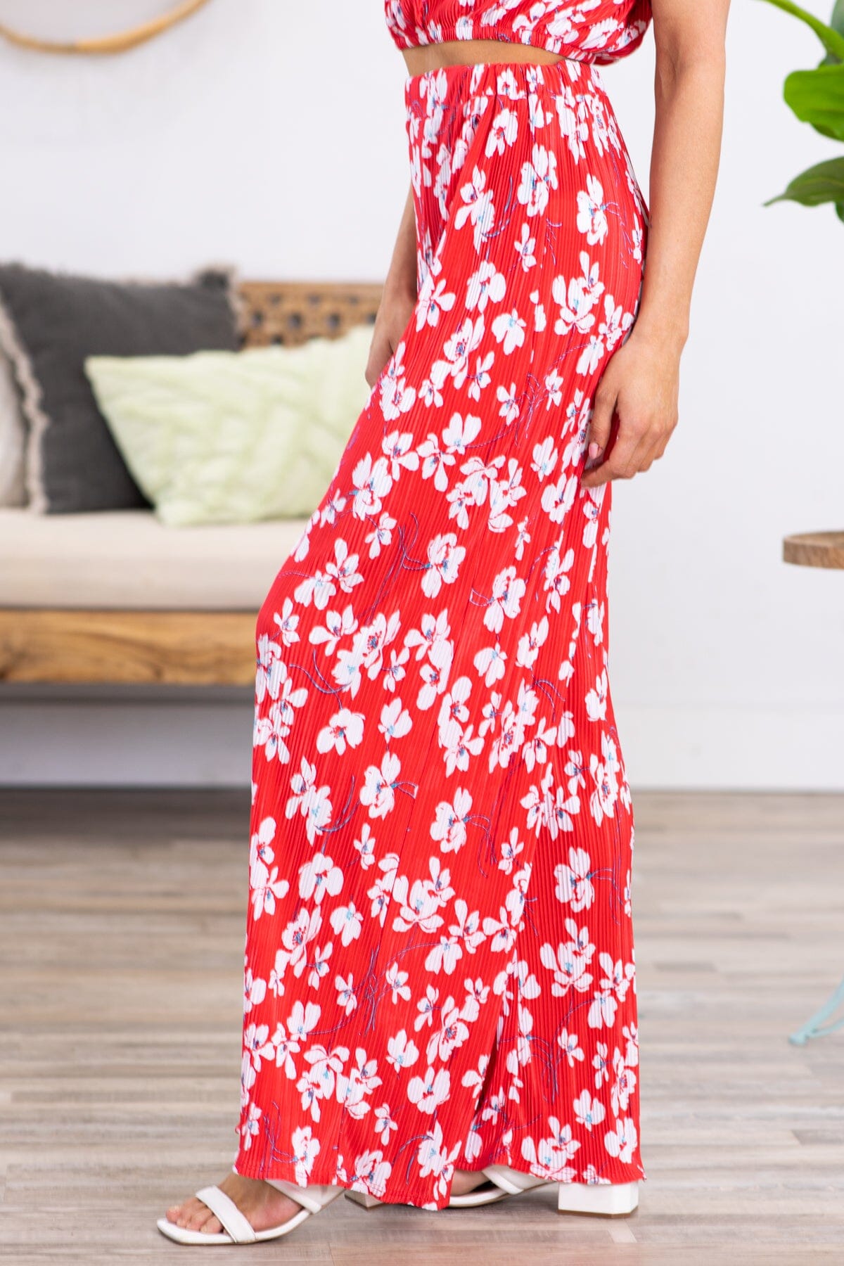 Red Crystal Pleat Floral Print Wide Leg Pants