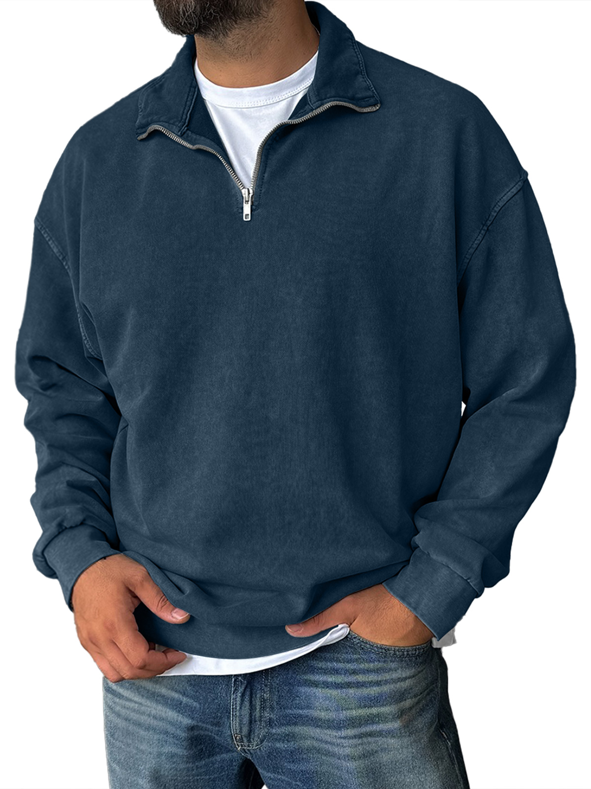 Men's Fashionable Retro Half-zip Stand Collar Casual Sweatshirt