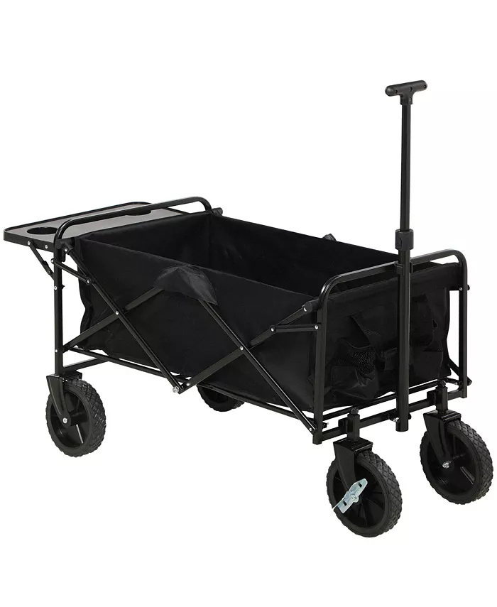Outsunny Collapsible Wagon with Adjustable Handle， Folding Table and Cup Holders， Heavy Duty Garden Carts with Wheels， Black