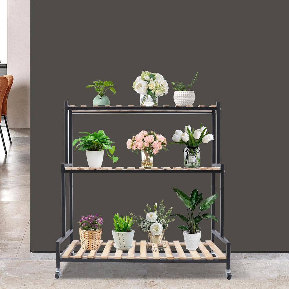 YIYIBYUS 40.9 in. Tall Indoor/Outdoor Black Metal Wood Plant Stand (3-Tiered) HG-LYF2496-600