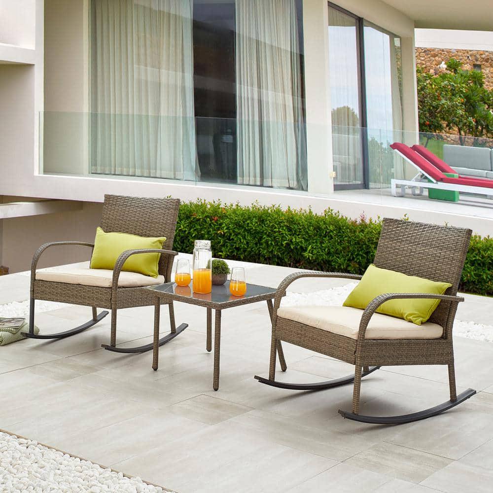 Patio Festival Wicker Outdoor 3Piece Rocking Chair Set with OffWhite Cushion