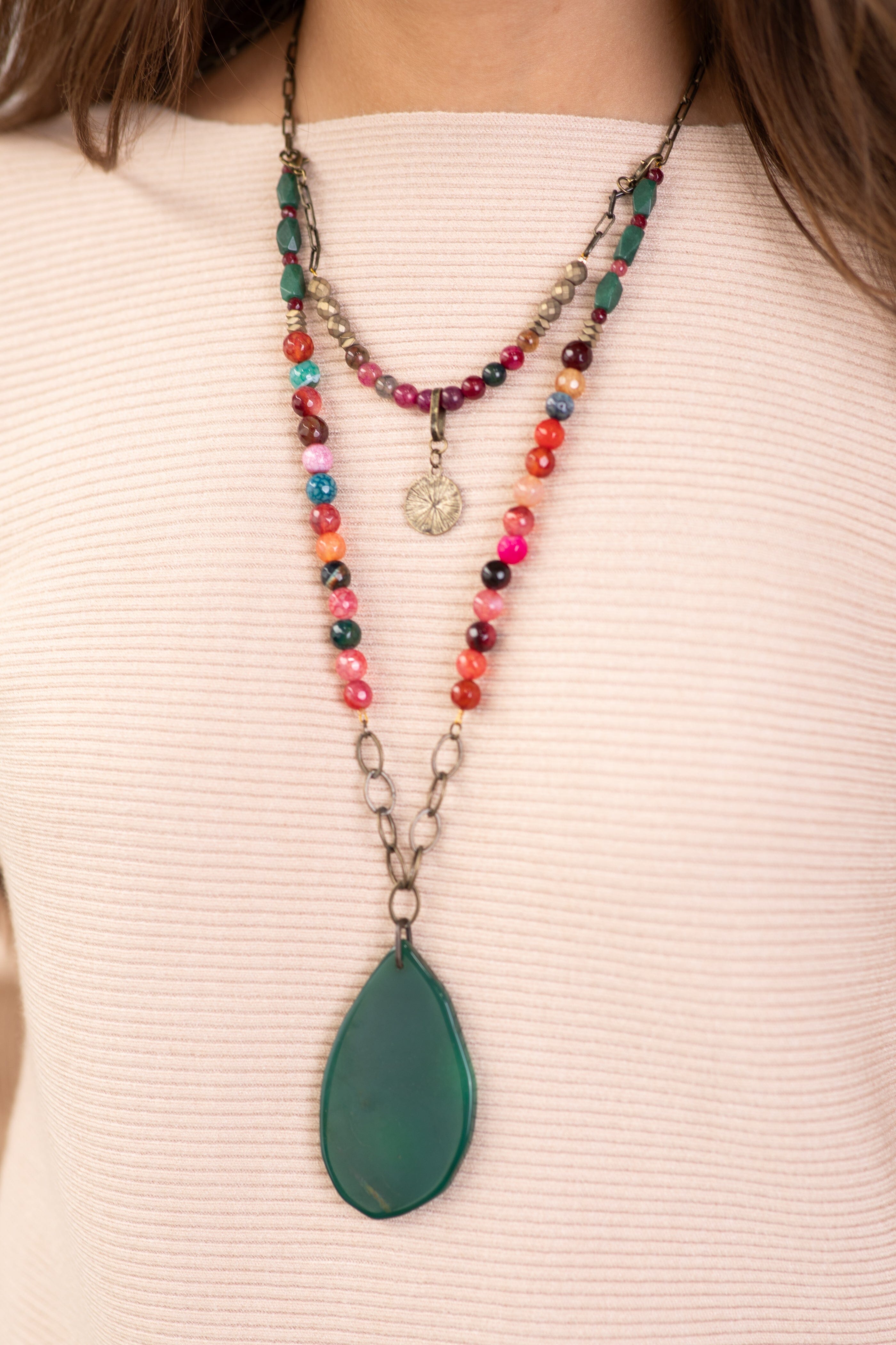 Teal and Berry Beaded Necklace With Charm