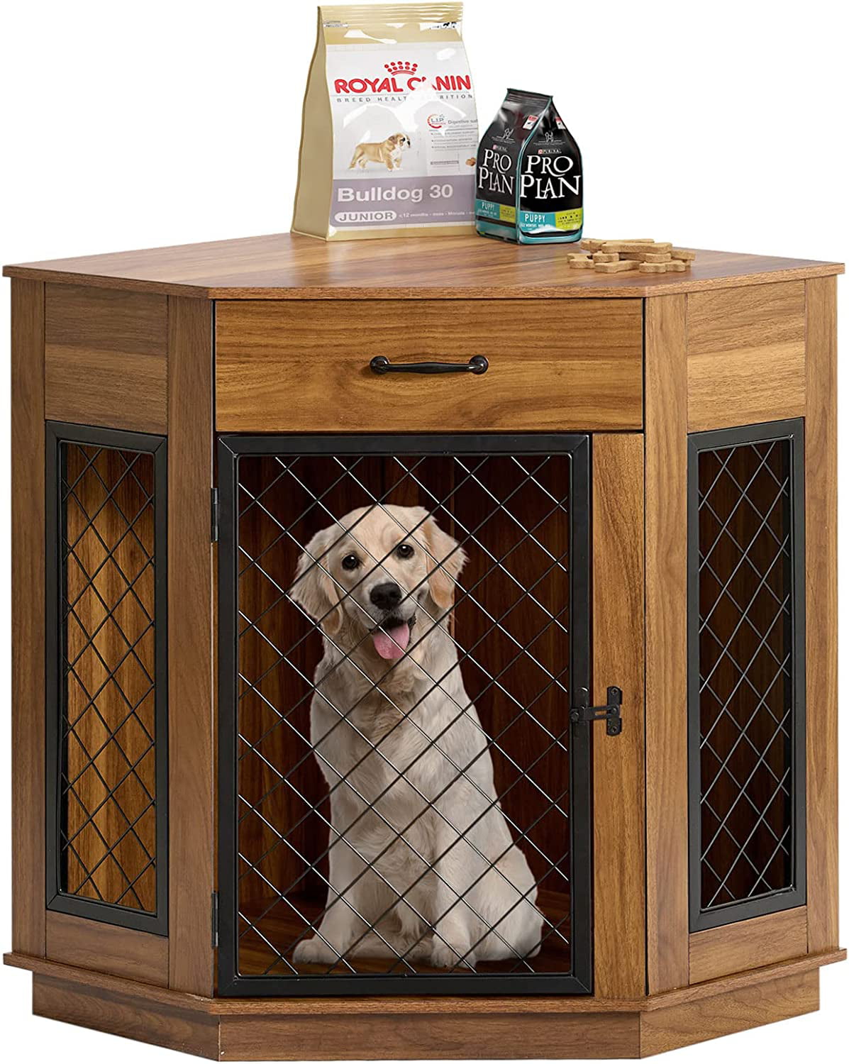 Soges Dog Crate Furniture with Drawer， Corner Kennel with Mesh Door， Wooden Dog House for Small/Medium Dog