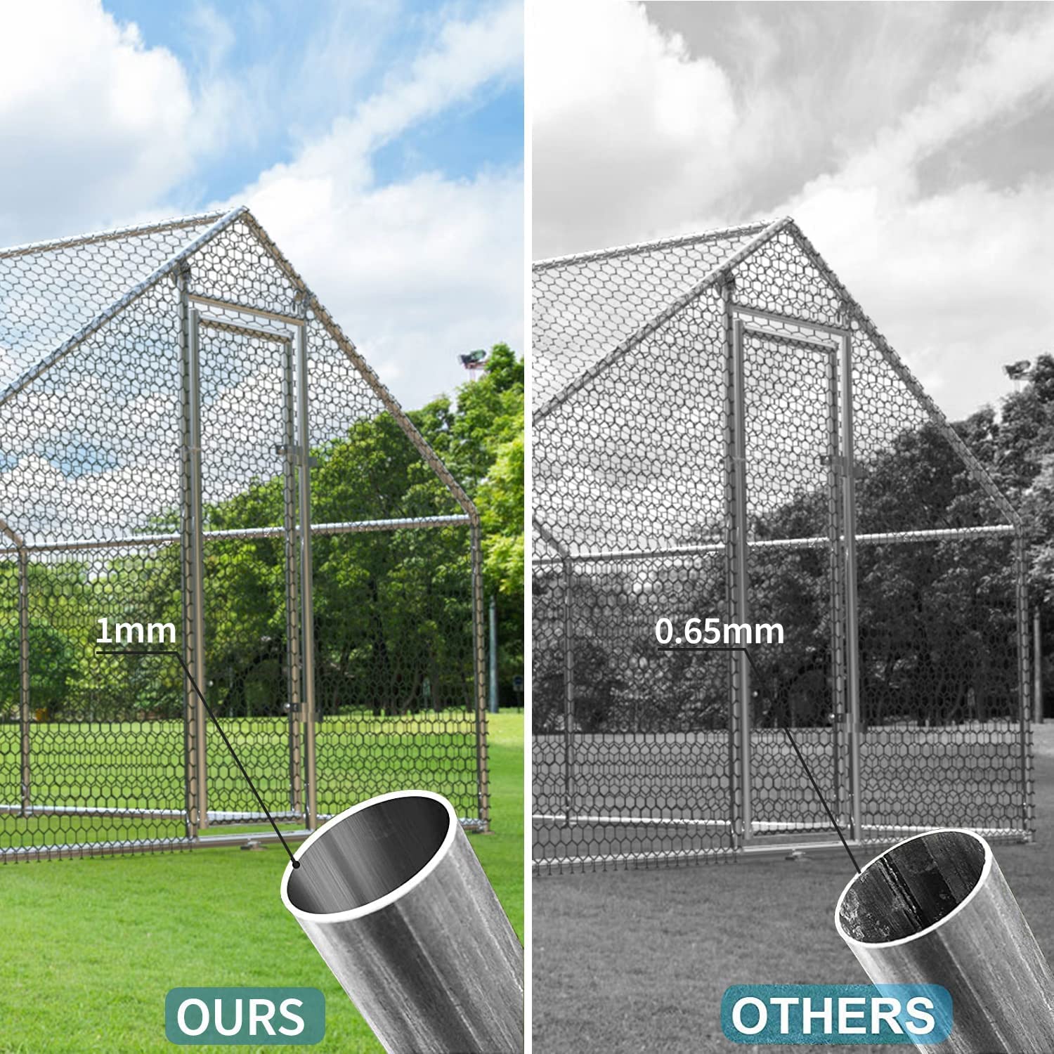 Large Metal Chicken Coop， Walk-in Chicken Runs for Yard with Waterproof Cover， Poultry Cage Chicken Run House Rabbits Habitat Cage， Flat Shaped Coops for Outdoor Backyard Farm Use， Silver