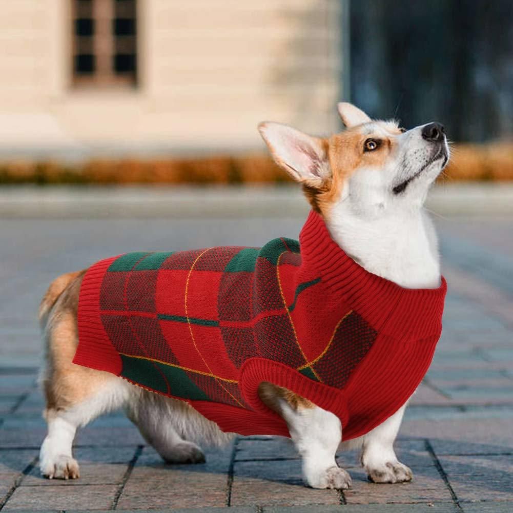 ROZKITCH Classic Plaid Dog Sweater， Puppy Festival Winter Warm Knit Vest， Pet Apparel Clothes， Red Green Plaid Xmas Knitwear Turtleneck Sweatshirts for Dogs Cats