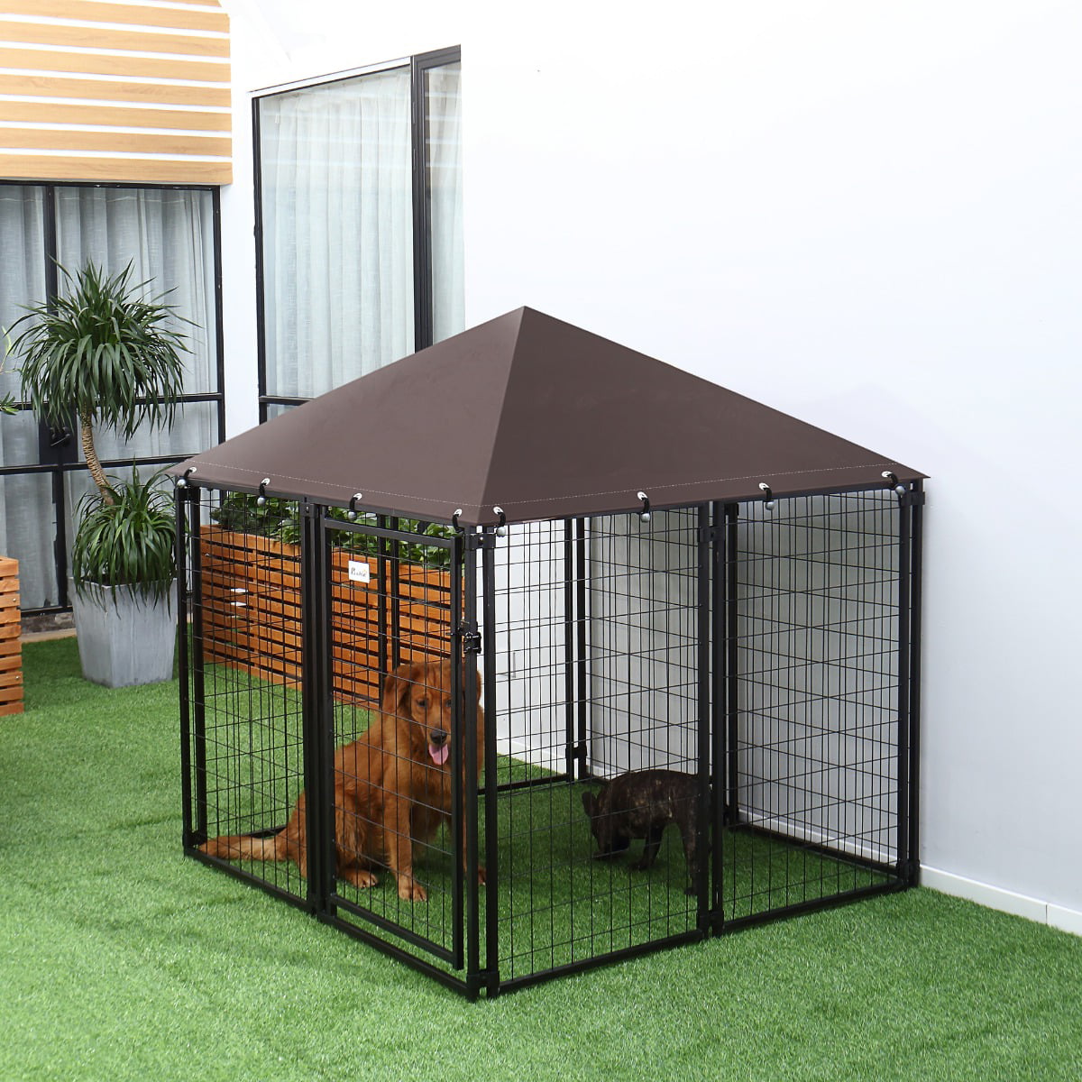Carevas Large Lockable Outdoor Dog House Kennel with Water-resistant Roof for Small and Medium Sized Pets
