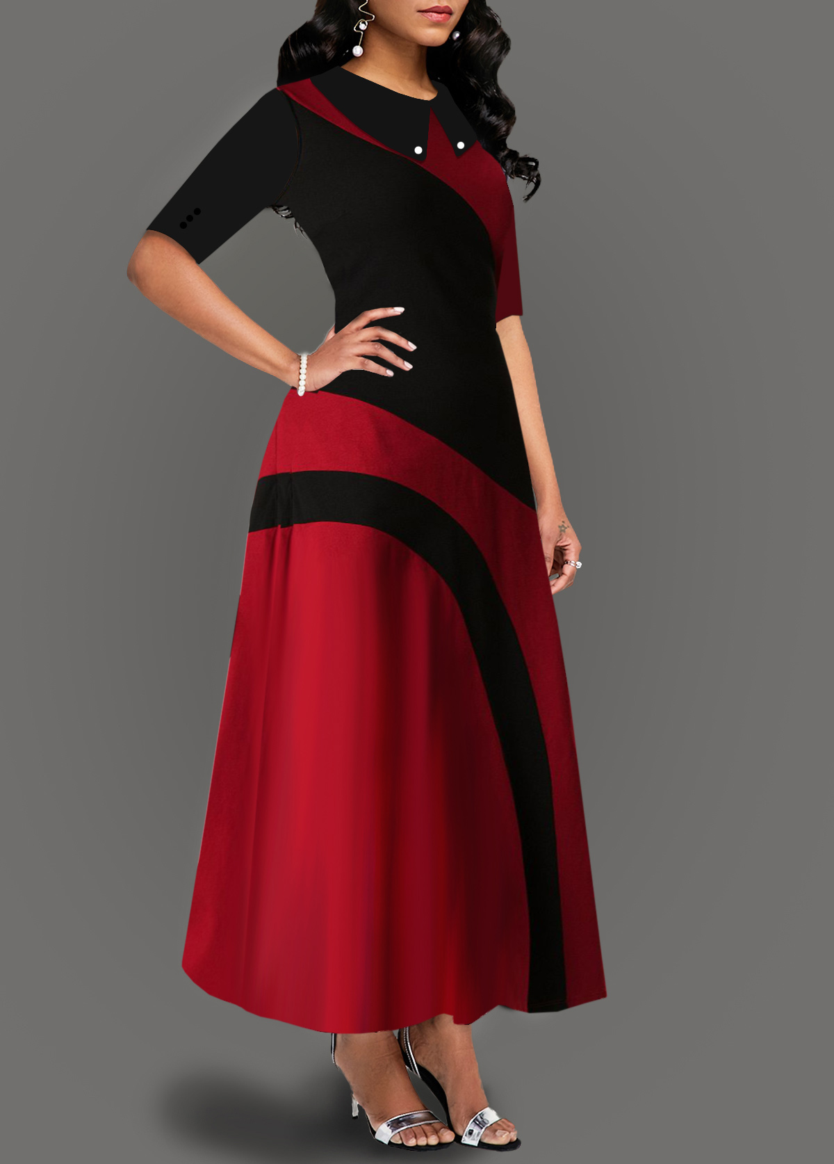 Turndown Collar Side Pocket Contrast Maxi Dress