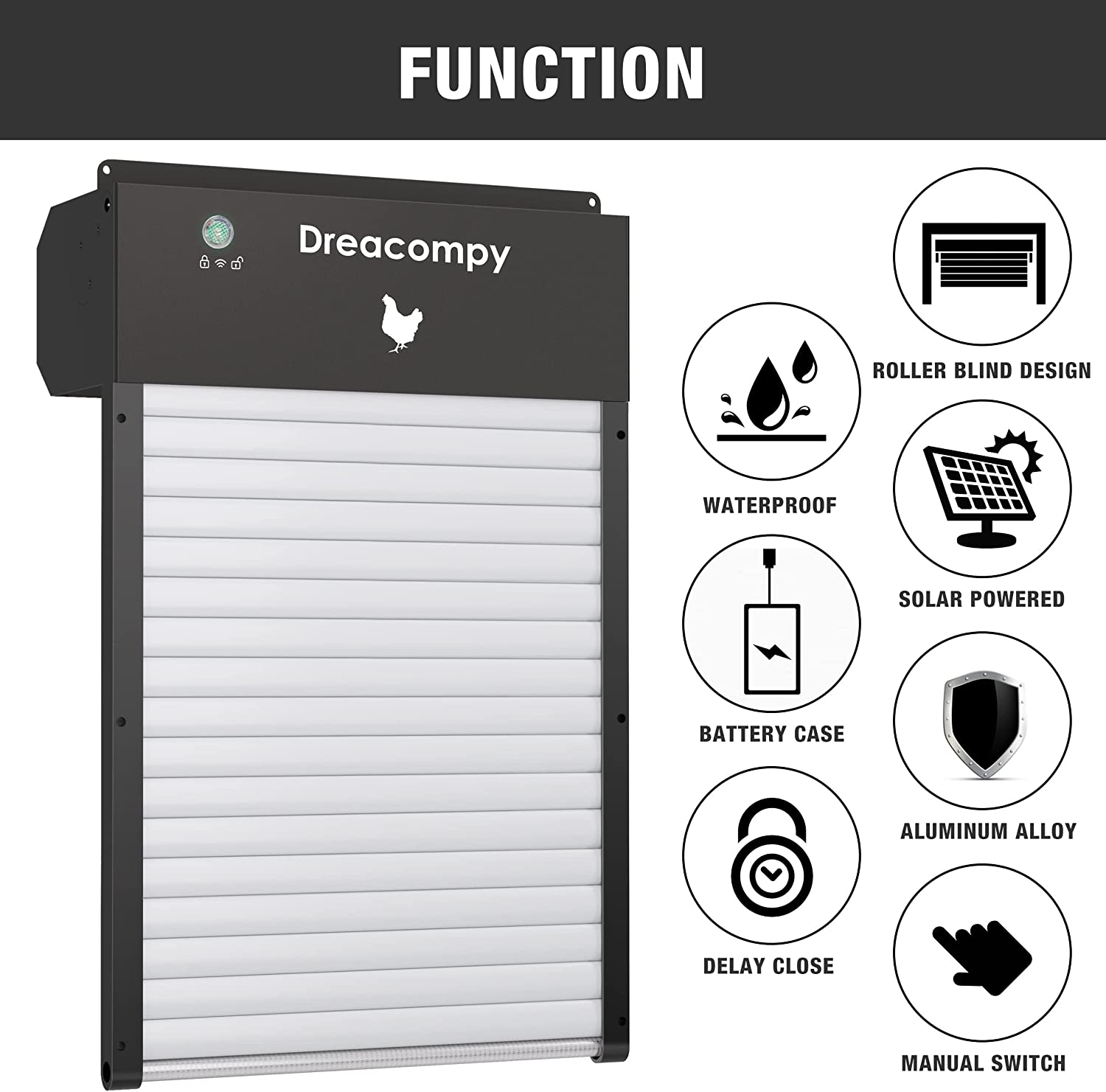 Dreacompy Automatic Chicken Coop Door Solar Powered All Aluminum Alloy Roller Blind Design Anti-Pinch Program Manual Switch Light Sensor， D50 Brown