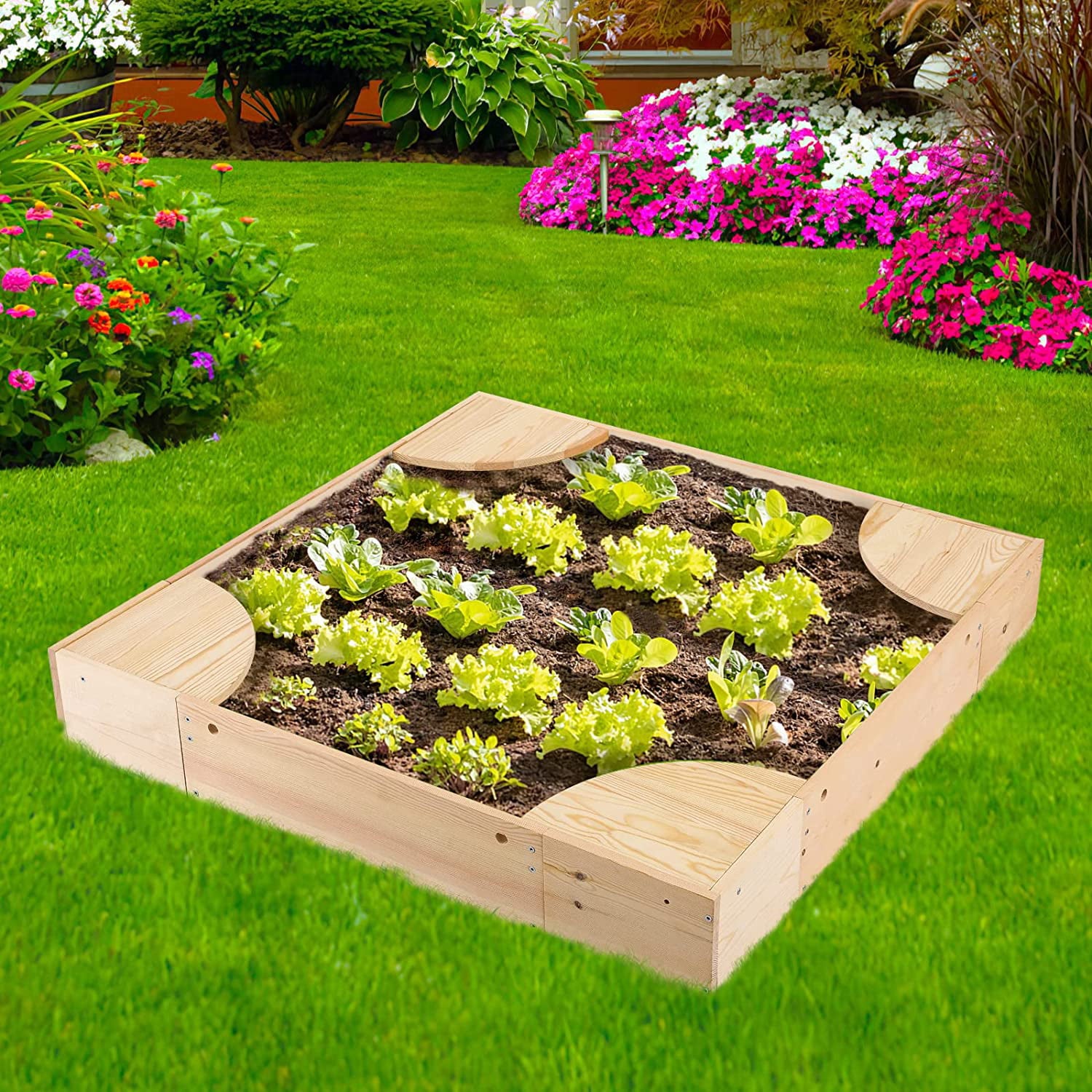 HEMBOR Wooden Outdoor Kids Sandbox with Built-in Corner Seats and Cover