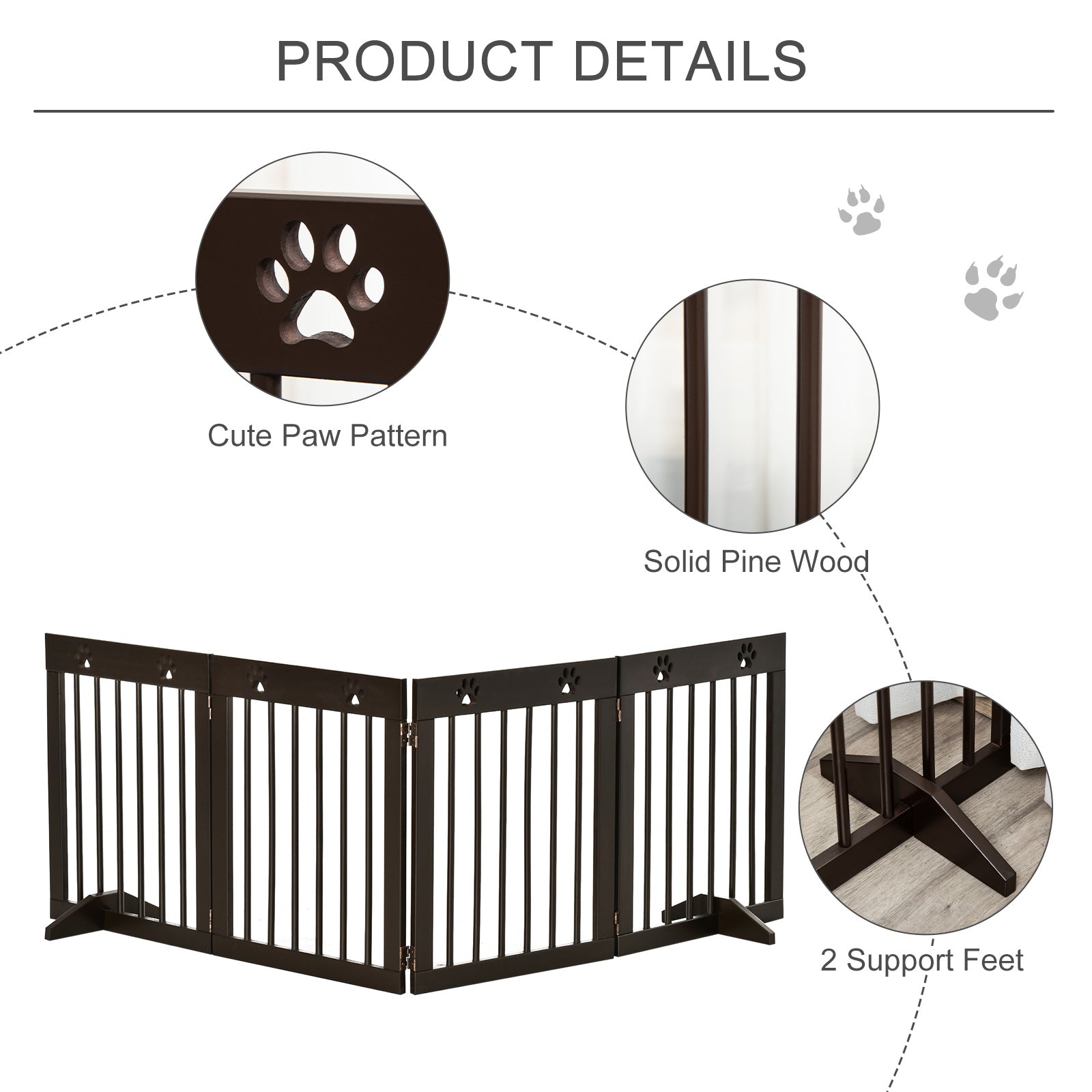 PawHut Freestanding Pet Gate， Wooden Dog Barrier， Folding Safety Fence with 4 Panel， Support Feet up to 80.25