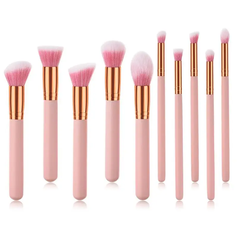 10pcs Pink Wood Handle Eyeshadow Foundation Makeup Brushes Set