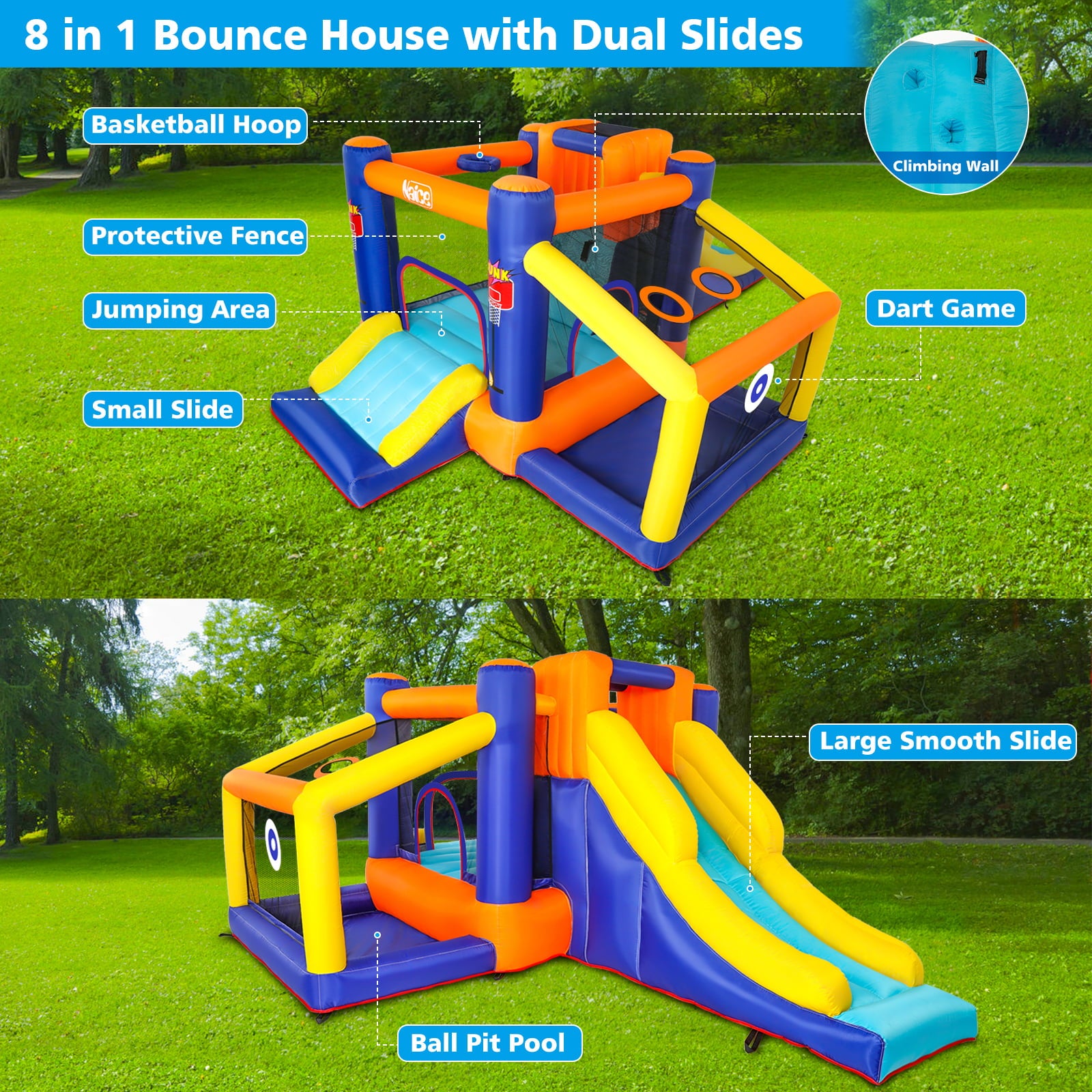 Peradix Inflatable Bounce Jumper Houses Castle Double Slide Climbing Wall Ball Pit with Blower Outdoor Indoor for Kids 3-12 Years Old