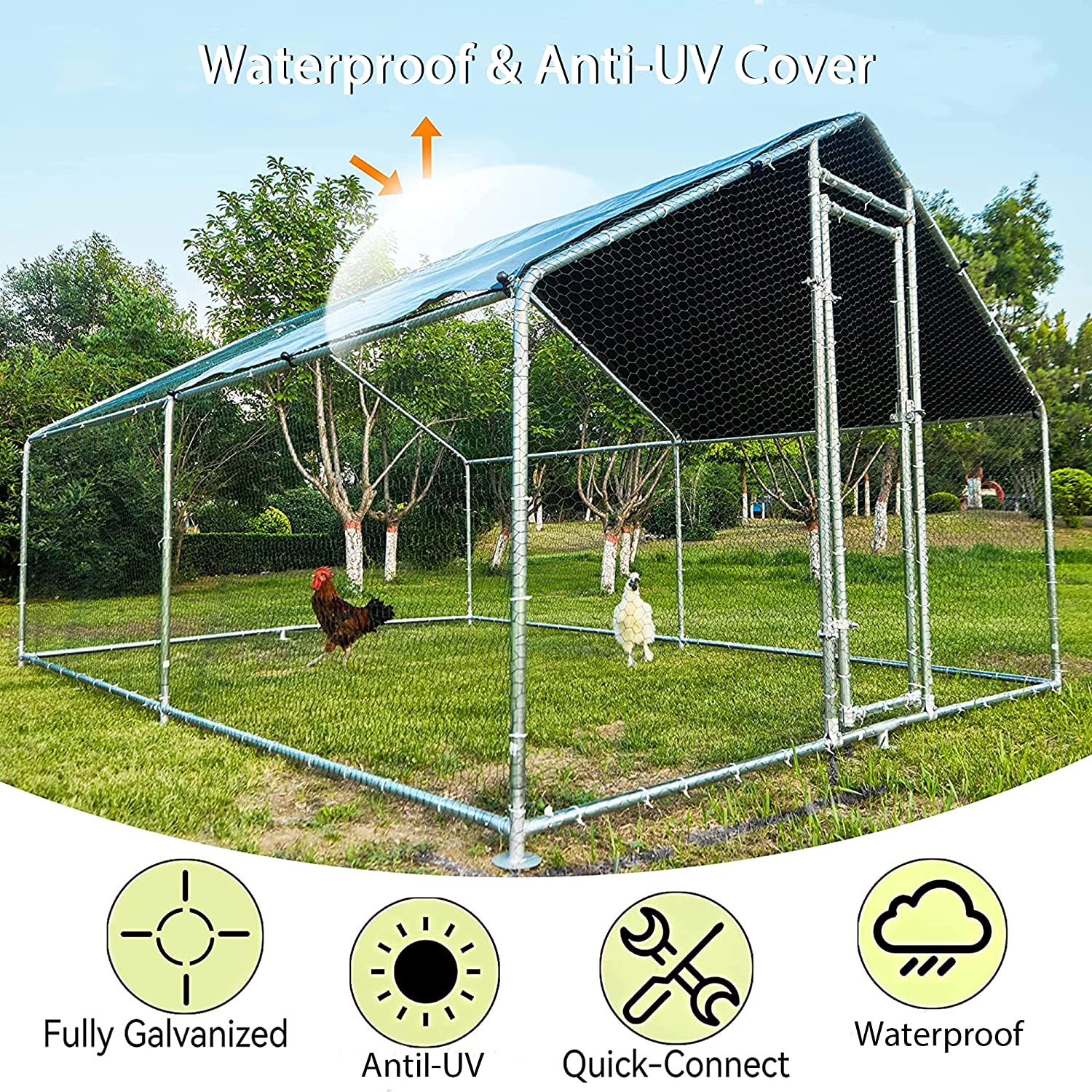 HITTITE 1.26'' Tube Chicken Coop Run Large Metal Chicken Coop， Outdoor Walk in Chicken Coop Cage， Heavy Duty Spire Shaped Chicken Pen Chicken Runs for Yard with Waterproof and Anti-UV Cover