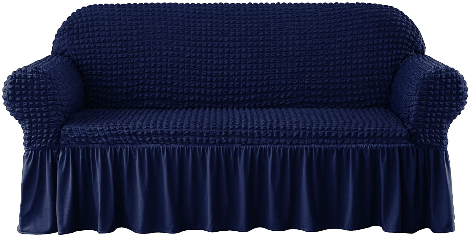 Subrtex 1-Piece Seersucker Sofa Slipcover Skirt Stretch Couch Cover (Loveseat, Navy Blue)