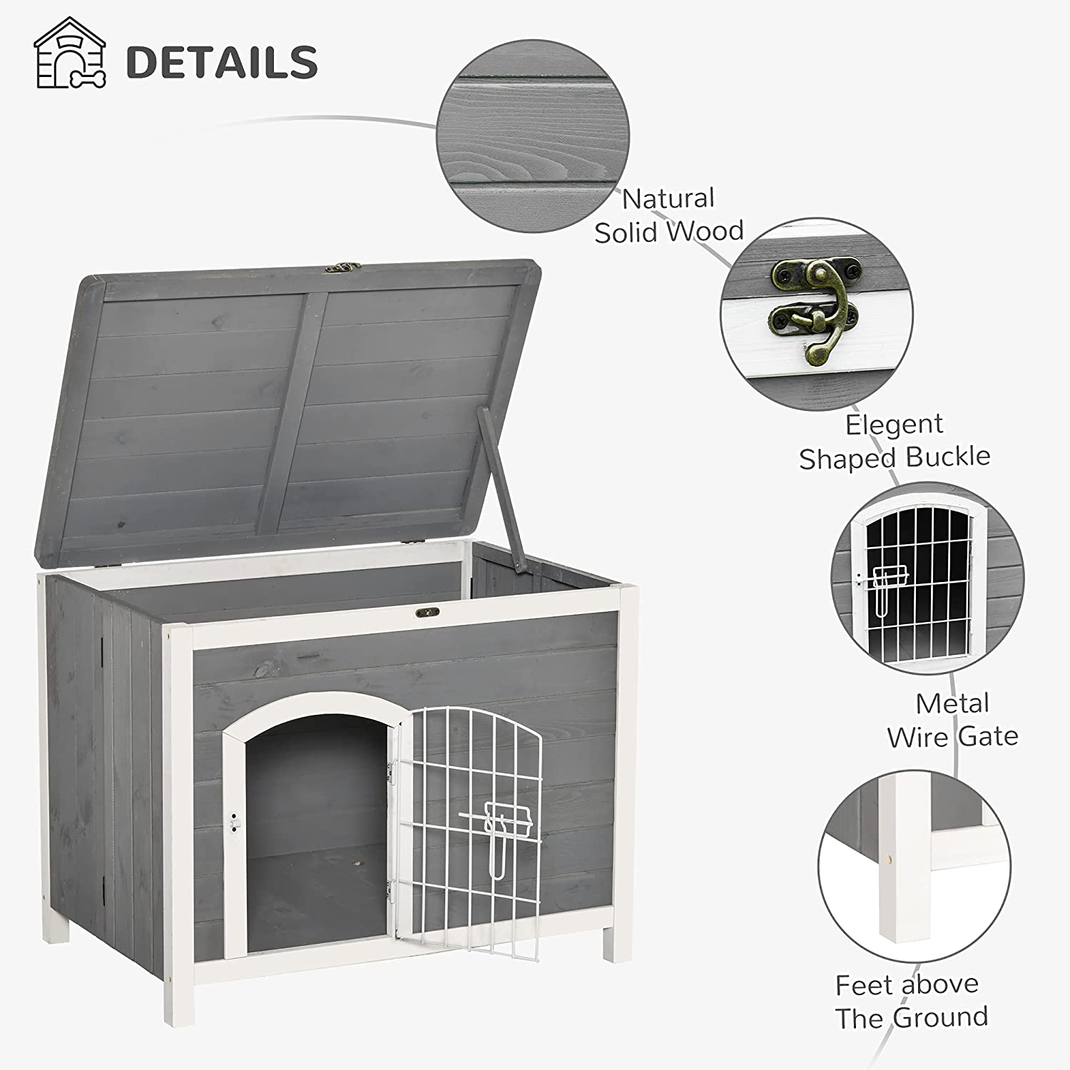 PawHut Foldable Wooden Dog House Raised Puppy Cage Kennel Cat Shelter for Indoor and Outdoor w/Lockable Door Openable Roof Removable Bottom for Small and Medium Pets Grey