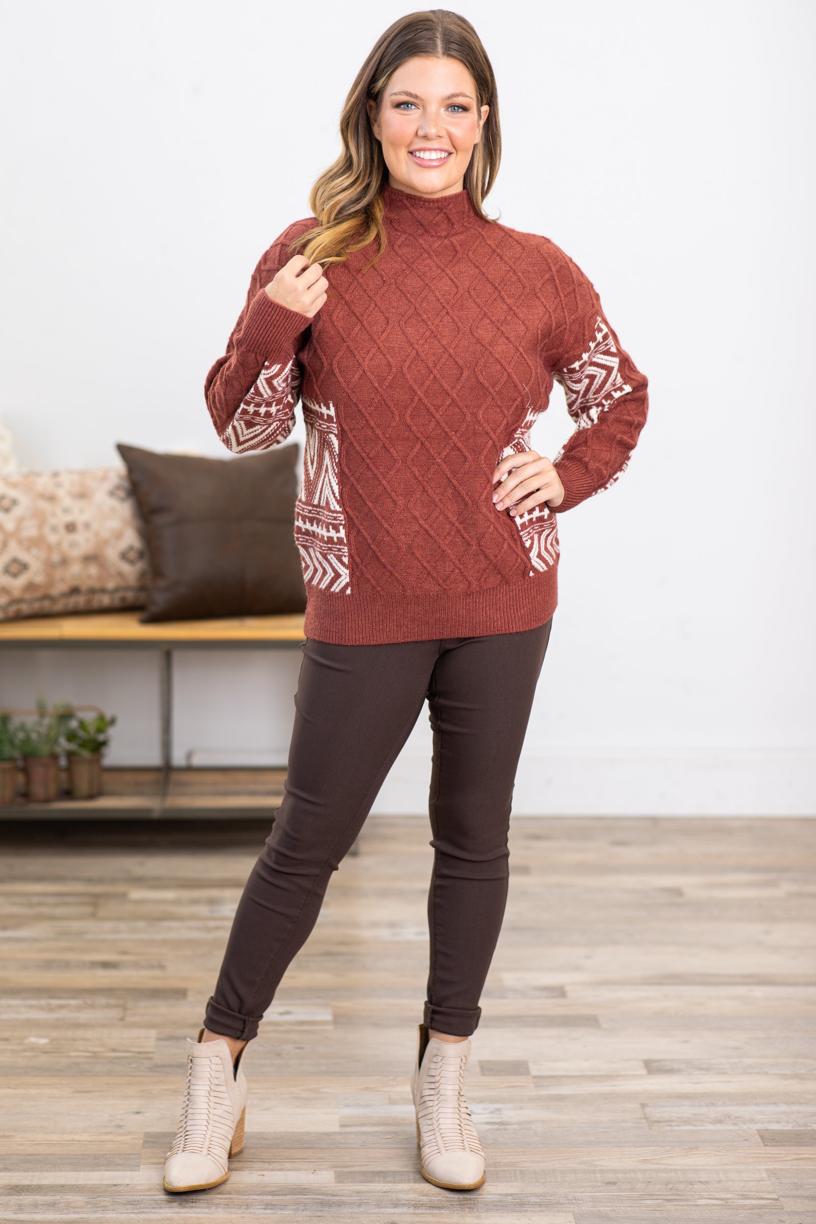 Maroon and Ivory Aztec Sleeve Detail Sweater