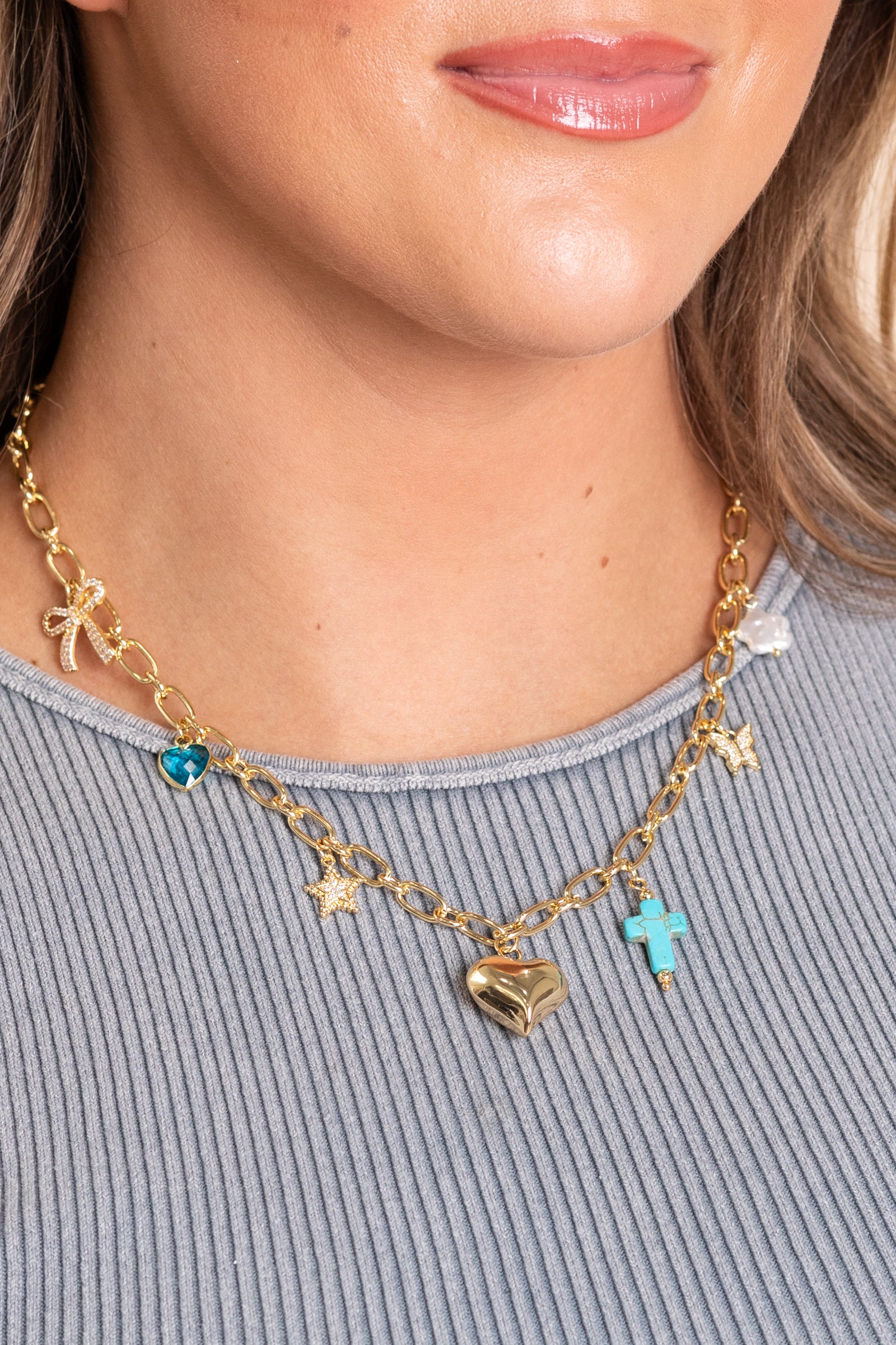 Gold and Turquoise Charms Necklace