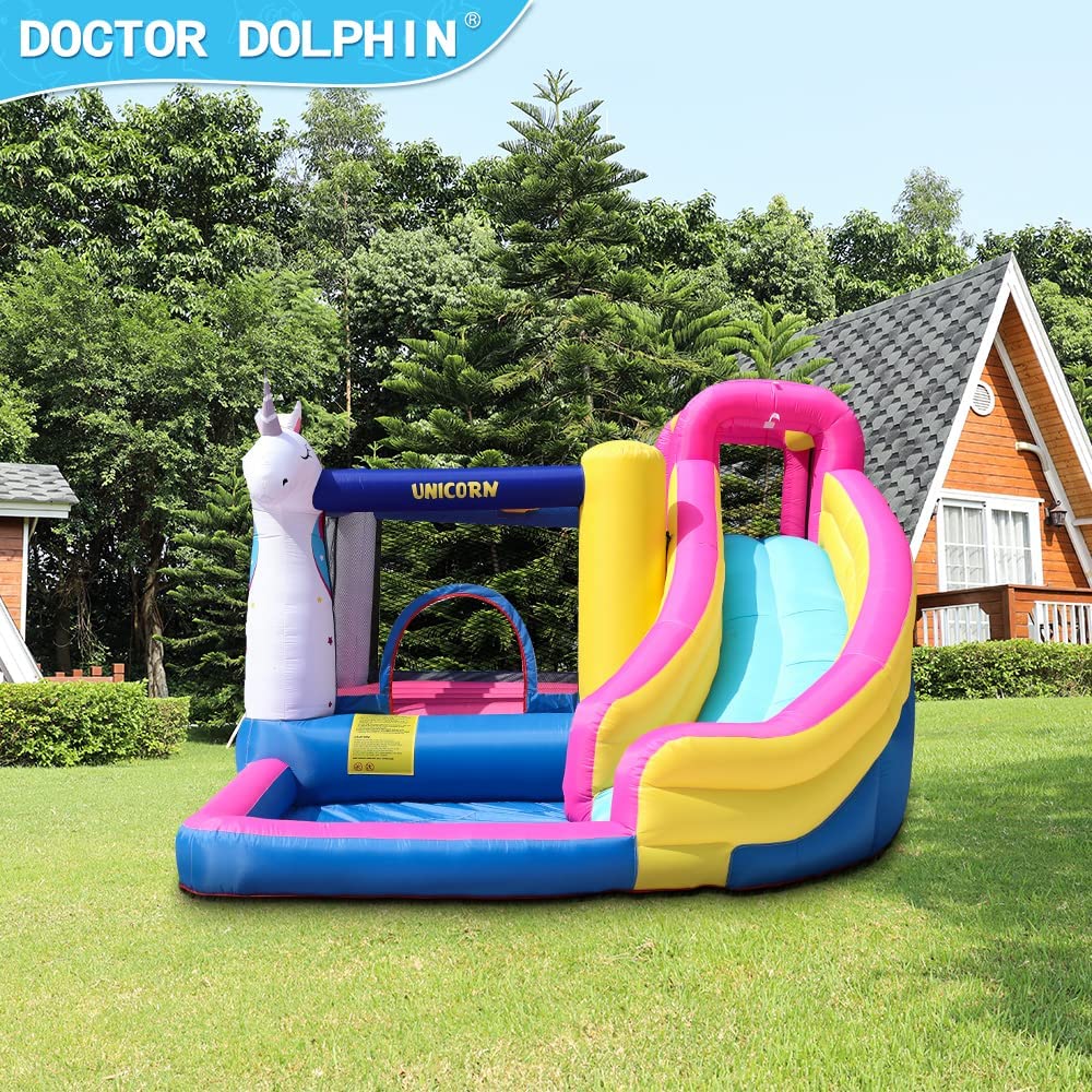 5 in 1 Inflatable Water Slide， Castle Bounce House Trampoline with Pool， Climbing Wall for Kids Age 3-10 with Air Blower