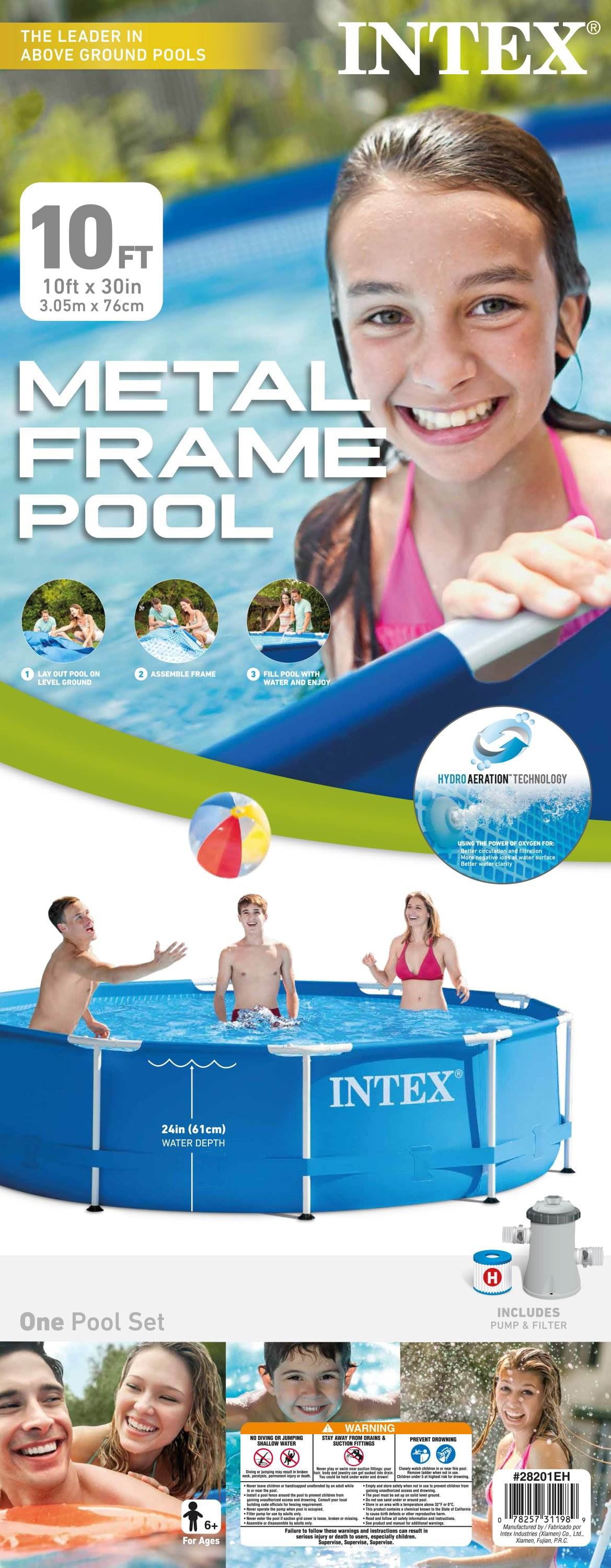 Intex 10ft x 30in Easy to Assemble Round Metal Frame Above Ground Pool Set and 6 Type H Filter Cartridges