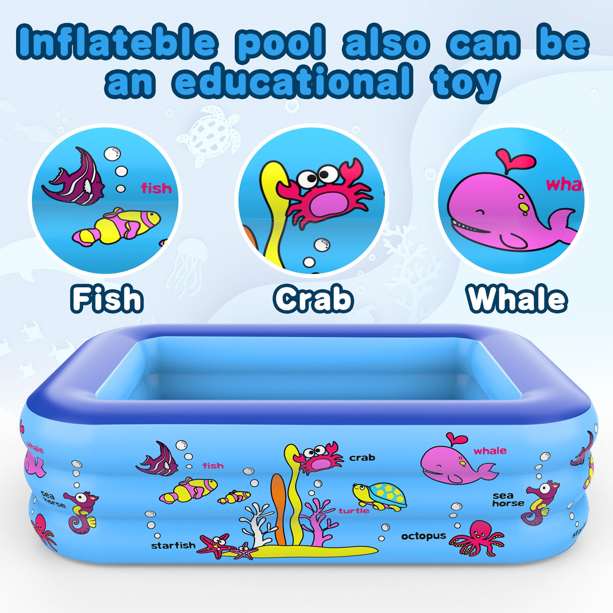 Growsly Summer Pool For Kid 3 Rings Large Inflatable Rectangle Swim Pool， Inflatable Swim Pool， 59