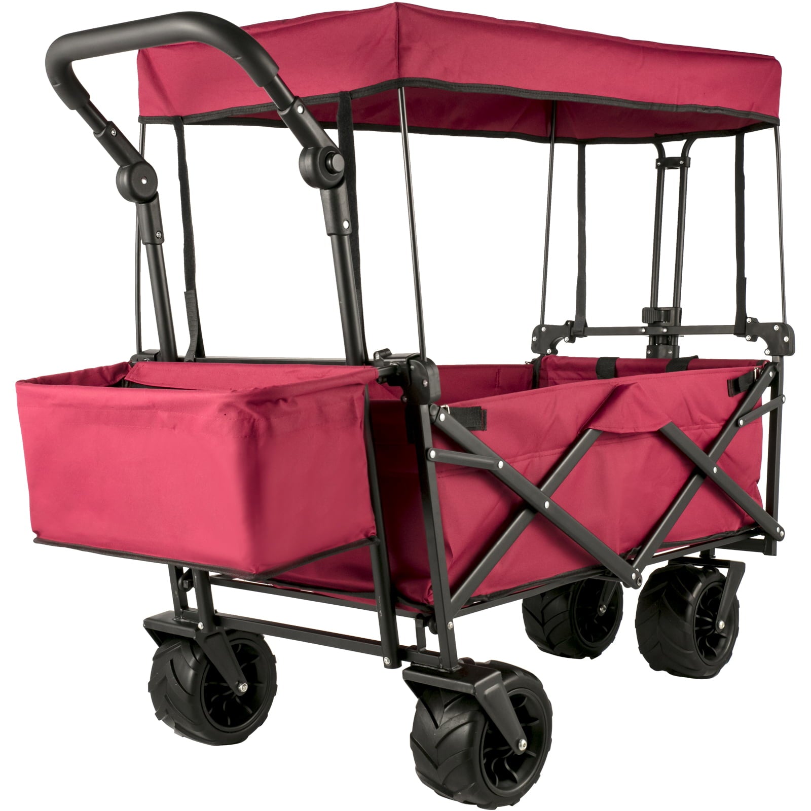 VEVORbrand Collapsible Wagon Cart Red， Foldable Wagon Cart Removable Canopy 601D Oxford Cloth， Collapsible Wagon Oversized Wheels， Portable Folding Wagon Adjustable Handles， Beach， Garden， Sports