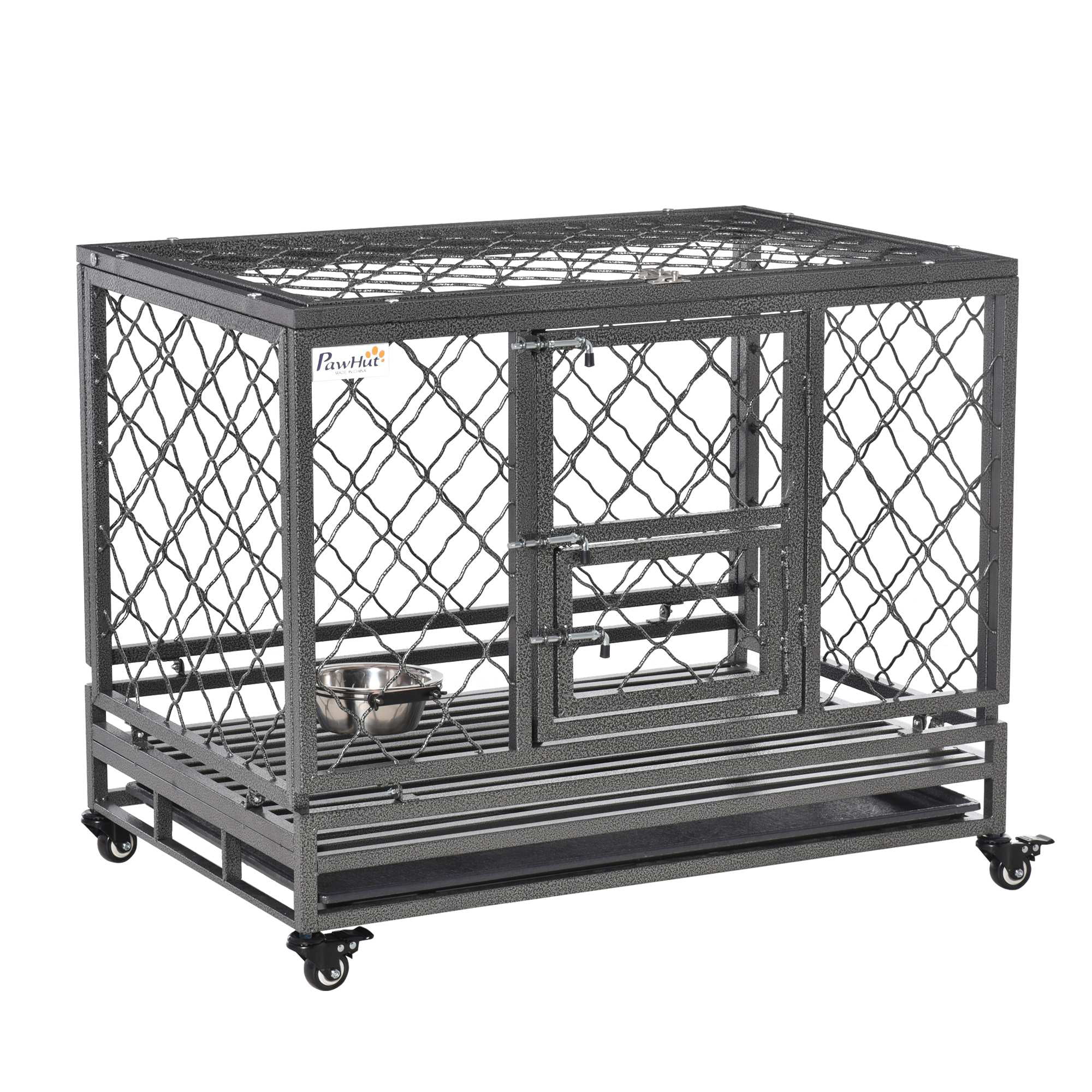Pawhut Heavy Duty Crate Cage Kennel with Removable Tray Wheels and Lockable Door for Medium Dogs Indoor and Outdoor， 36.5