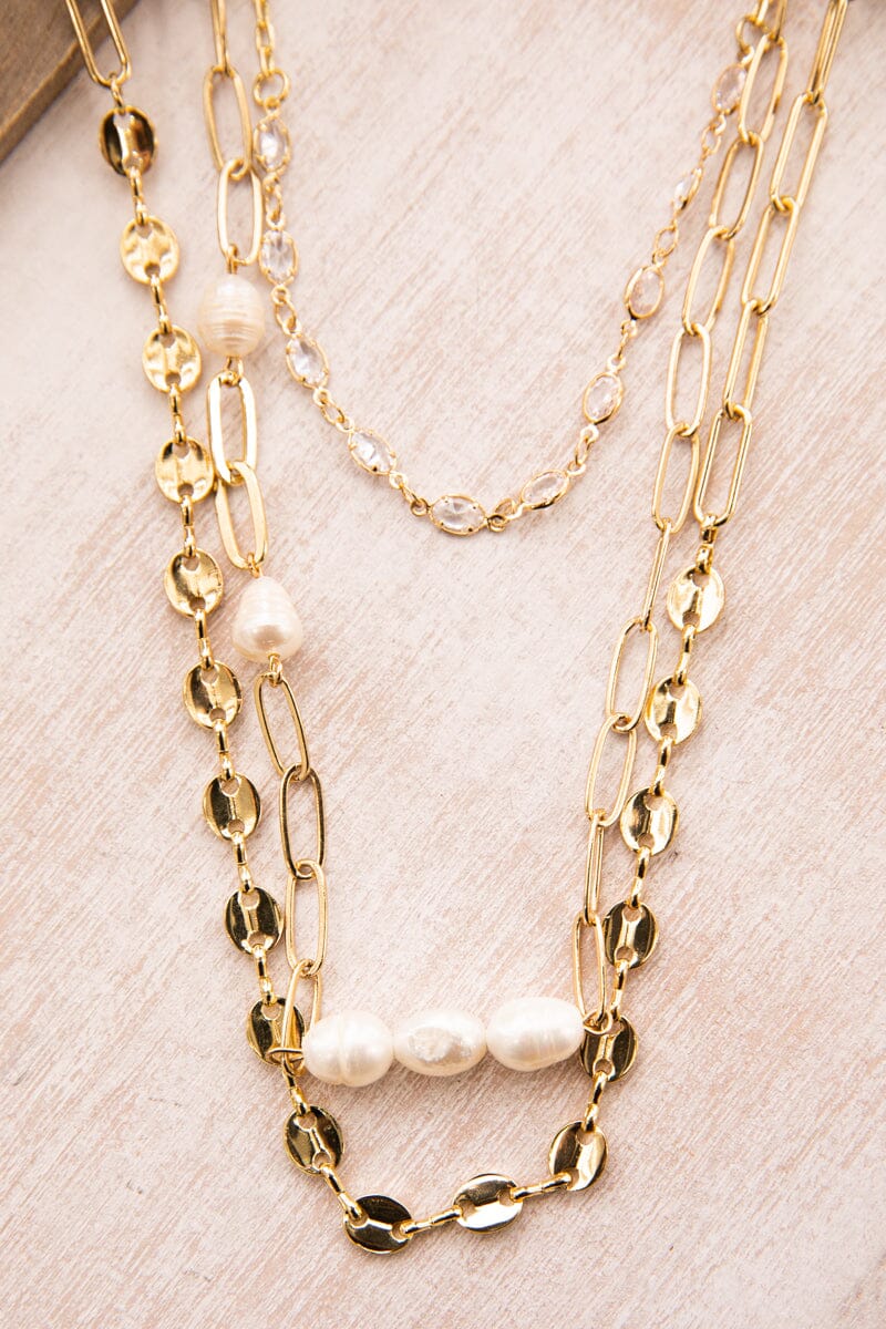Gold and White Layered Chain Necklace