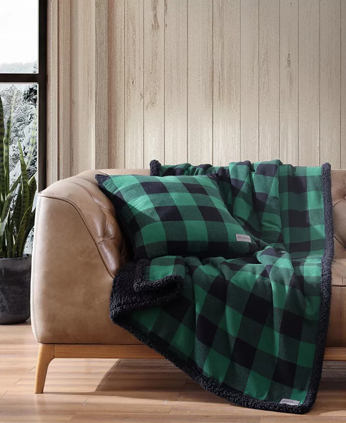 Eddie Bauer Cabin Plaid Flannel Yarn Dye Sherpa 2 Piece Throw and Pillow Cover Set