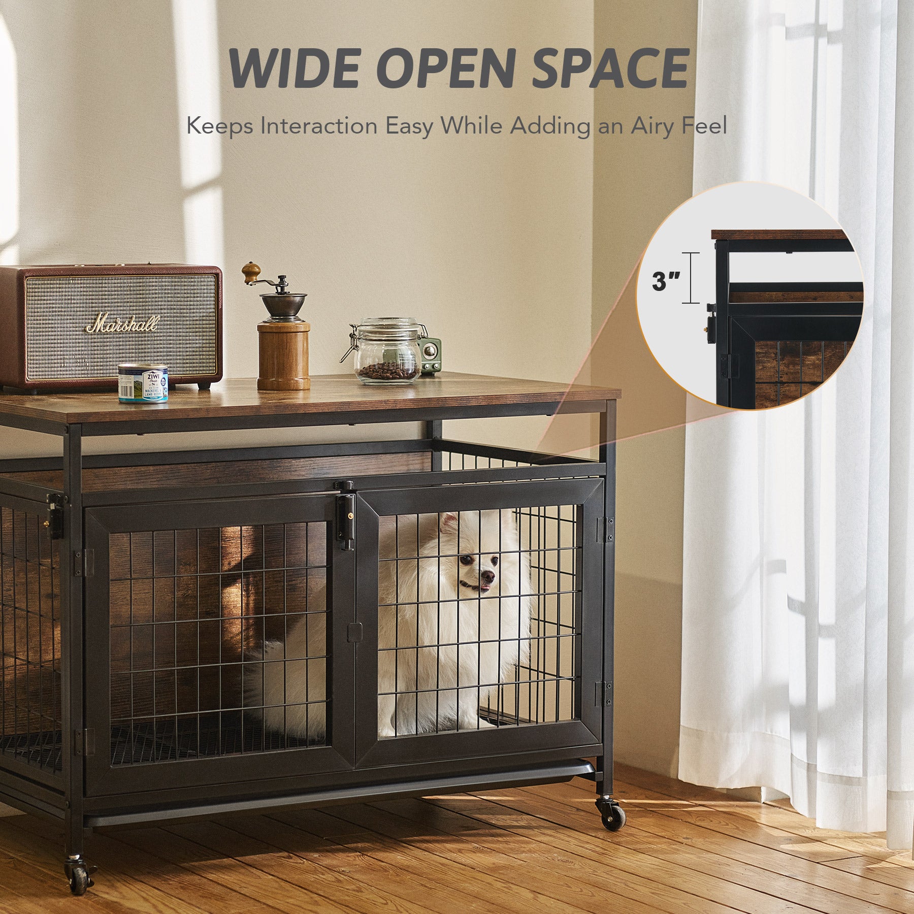 CO-Z Large Dog Crate Furniture Style Dog Cage with Tray Wheels Three Doors Open Space