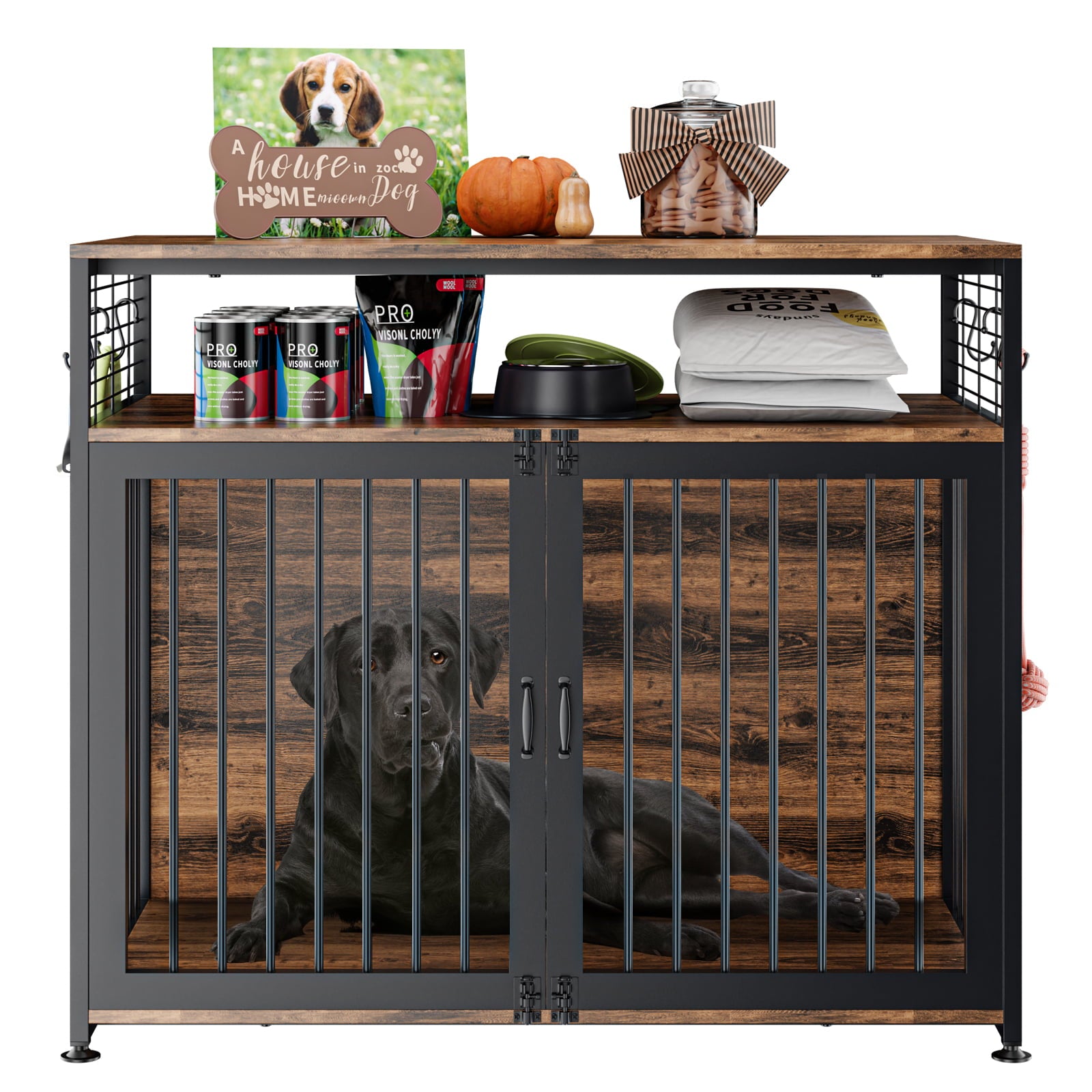 LILYPELLE Dog Crate Furniture， Heavy Duty Dog Cage Indoor Dog Kennel Furniture Style， Double Doors Dog House for Small/Medium/Large Dog