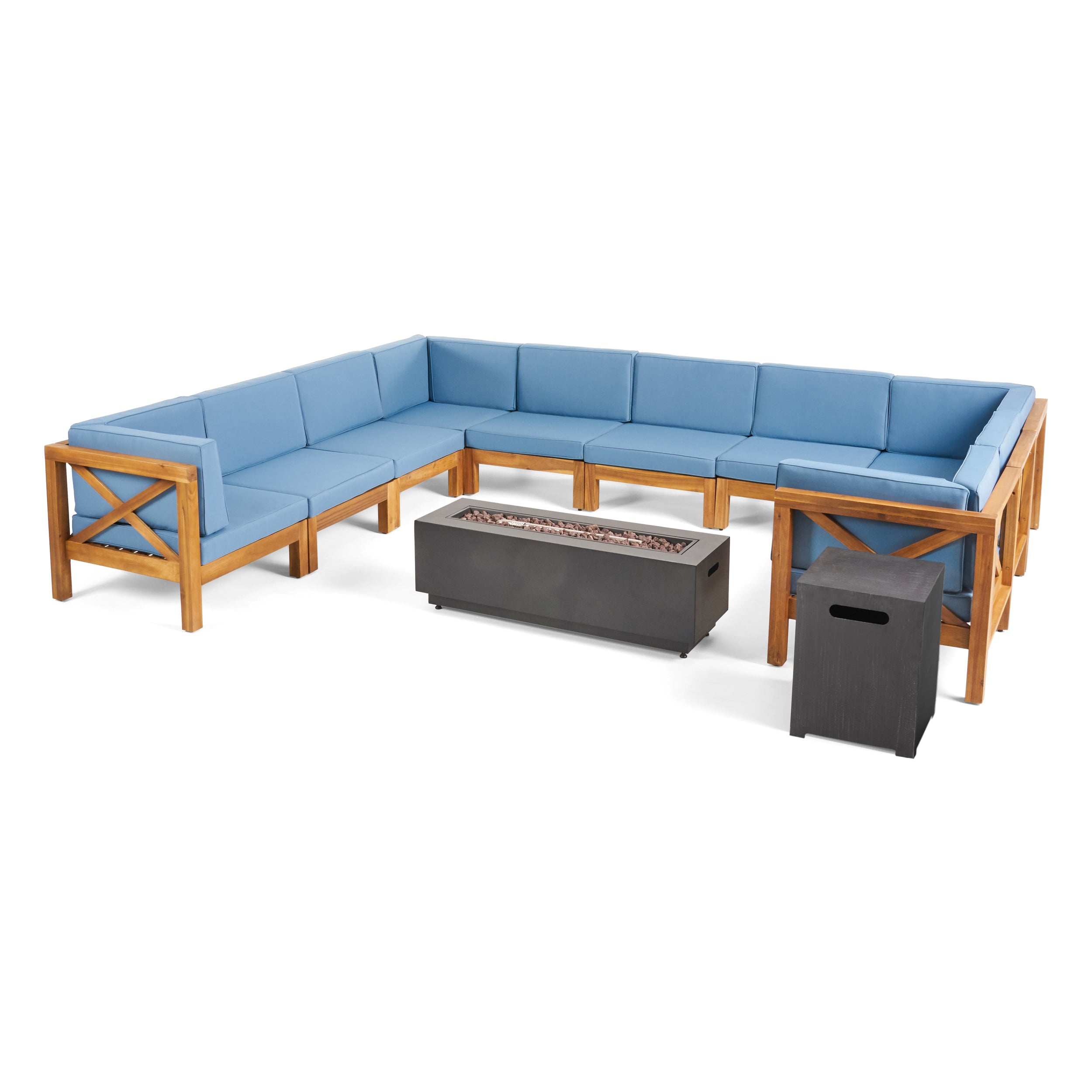 Lorelei Outdoor Acacia Wood 10 Seater U-Shaped Sectional Sofa Set with Fire Pit