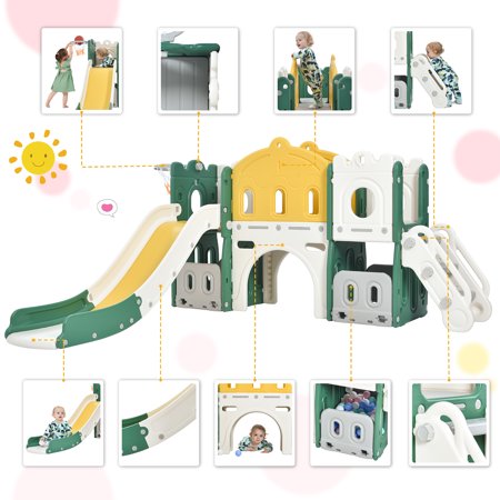 CHURANTY Kids Slide Playset Structure Indoor ， Castle Climber with Slide and Basketball Hoop，  Kids Climbers Playhouse for Outdoor Playground Activity，Toy Storage Organizer for Toddlers， Green