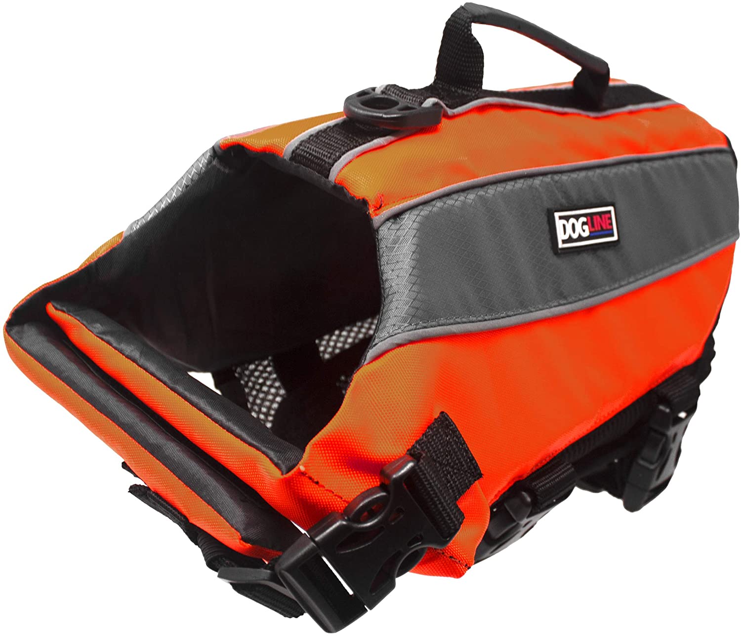 DogLine - Dog Life Jacket Dog Life Vest for Swimming and Boating in Hi-Viz Colors with Reflective Strips Mesh Underbelly for Draining and Drying and Top Carry Handle(Neon Orange: Girth 11