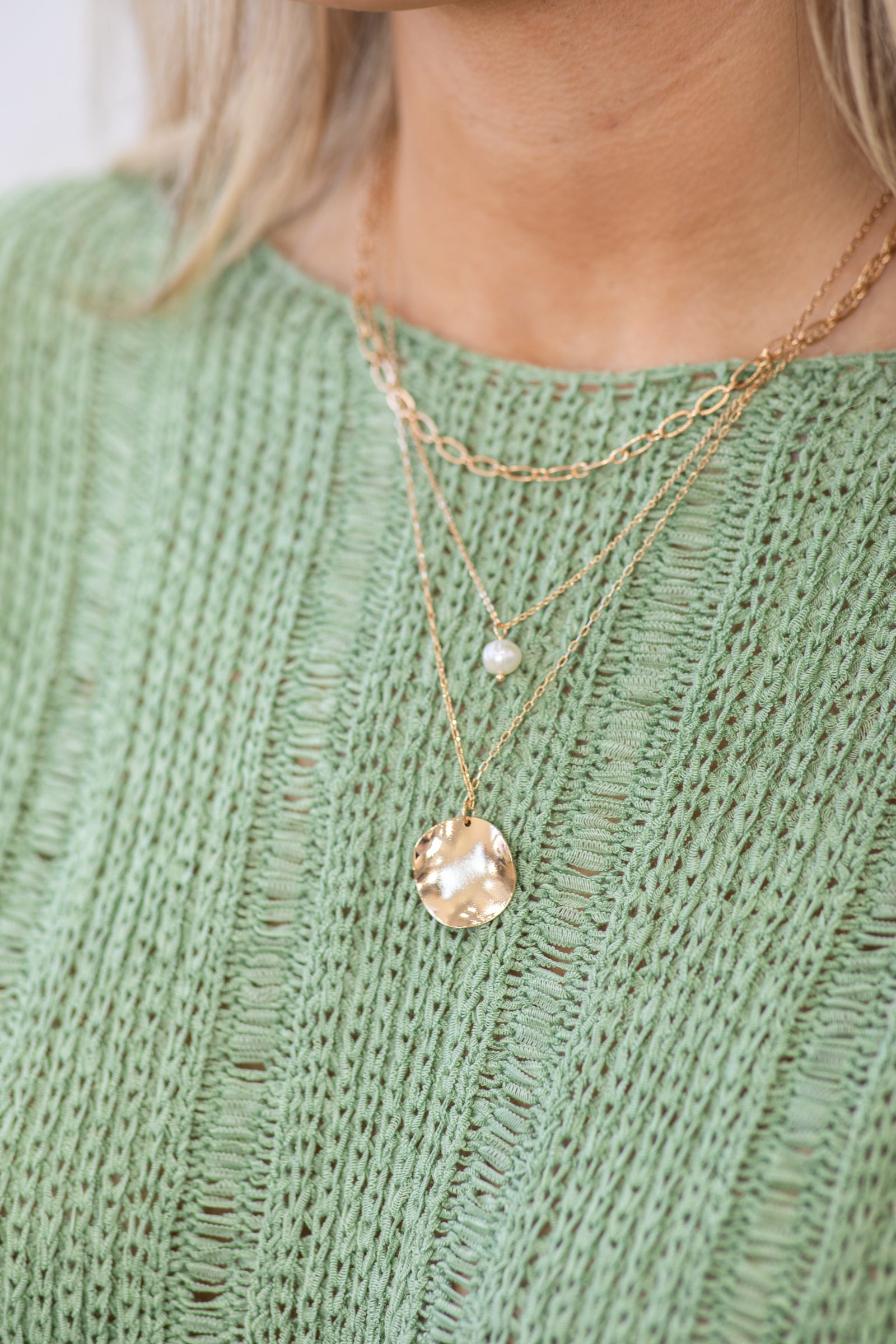 Gold Disc and Pearl Layered Necklace Set