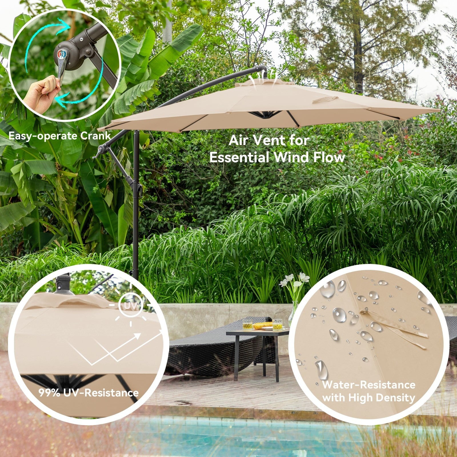 Serwall 10ft Heavy Duty Patio Hanging Offset Cantilever Patio Umbrella W/ 4-Piece Base Included, Beige