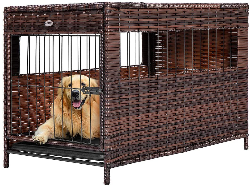 DEStar Heavy Duty PE Rattan Wicker Pet Dog Cage Crate Indoor Outdoor Puppy House Shelter with Removable Tray and UV Resistant Cover (Medium - 23