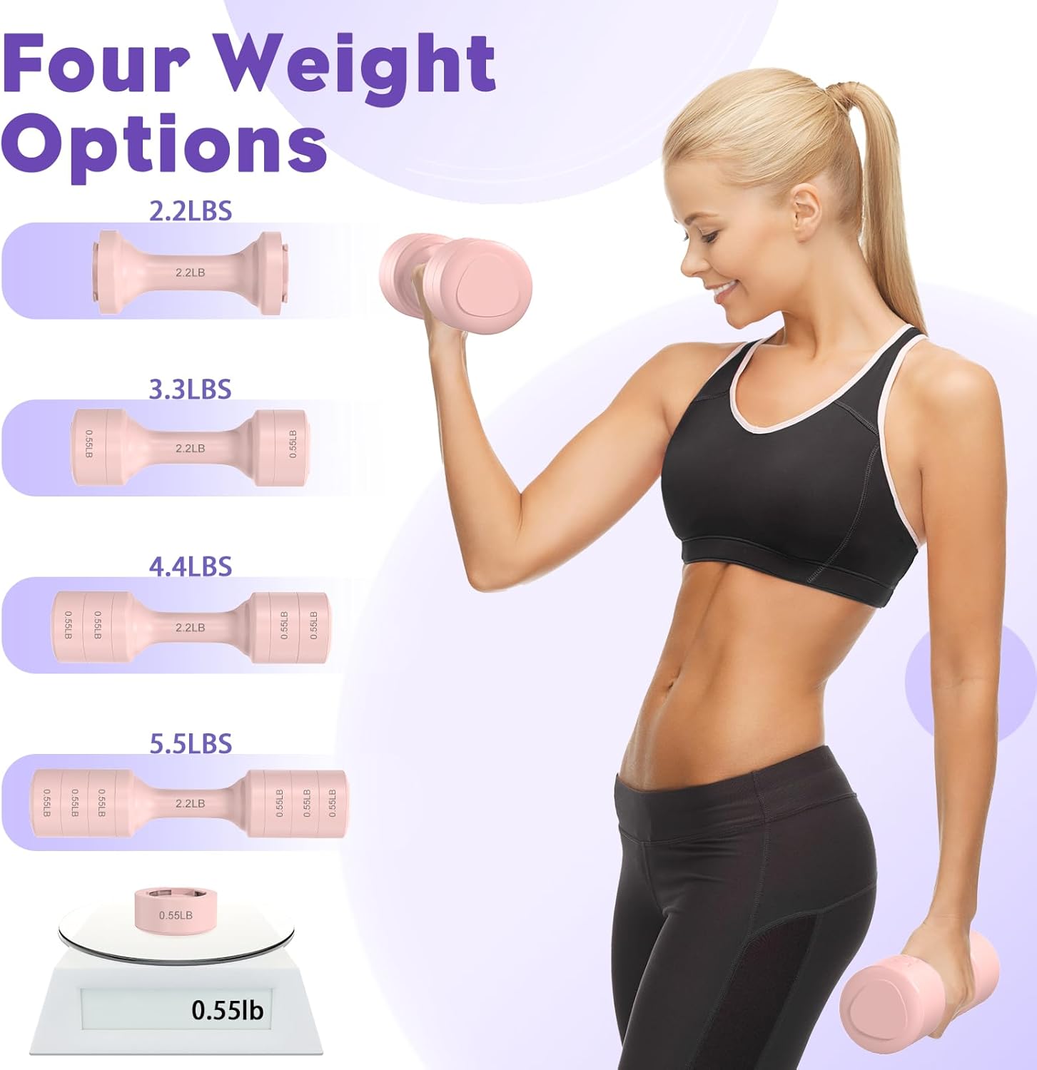 여성용 무게 조절식 덤벨 세트 (2개입), 각 11lb/쌍, 개당 2.2lb, 3.3lb, 4.4lb, 5.5lb 무게의 홈짐 피트니스 트레이닝용 덤벨 세트
