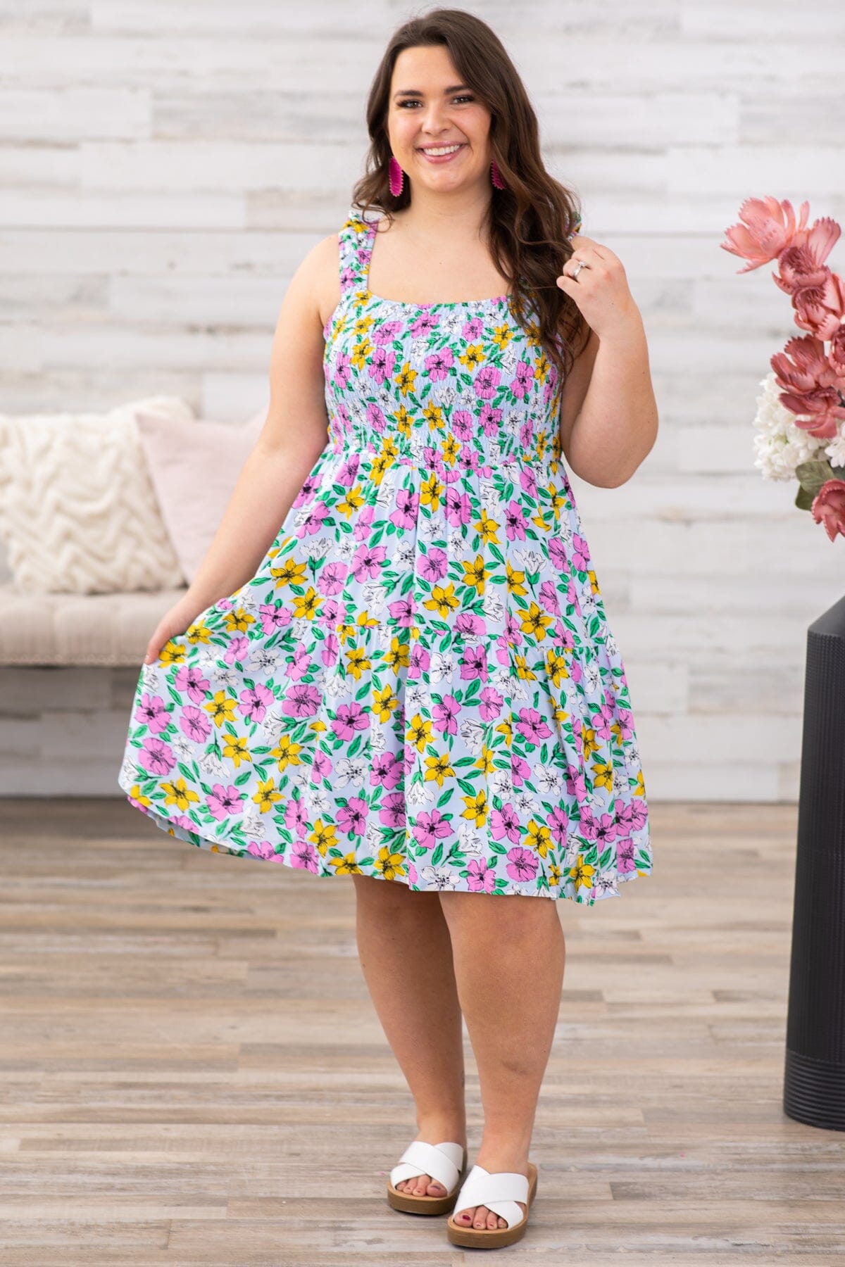 Pink Multicolor Floral Smocked Bodice Dress