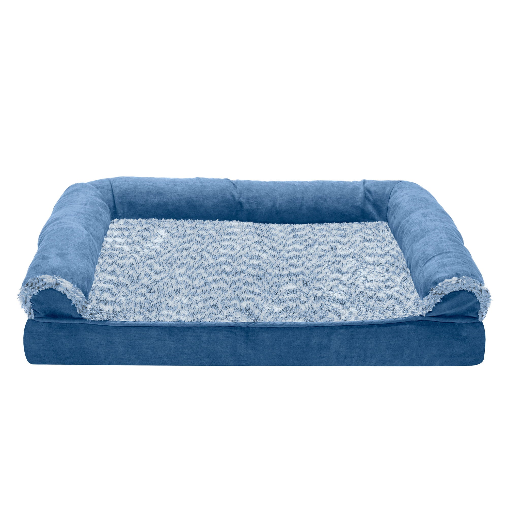 FurHaven Pet Dog Bed | Orthopedic Two-Tone Faux Fur and Suede Sofa-Style Couch Pet Bed for Dogs and Cats， Marine Blue， Medium