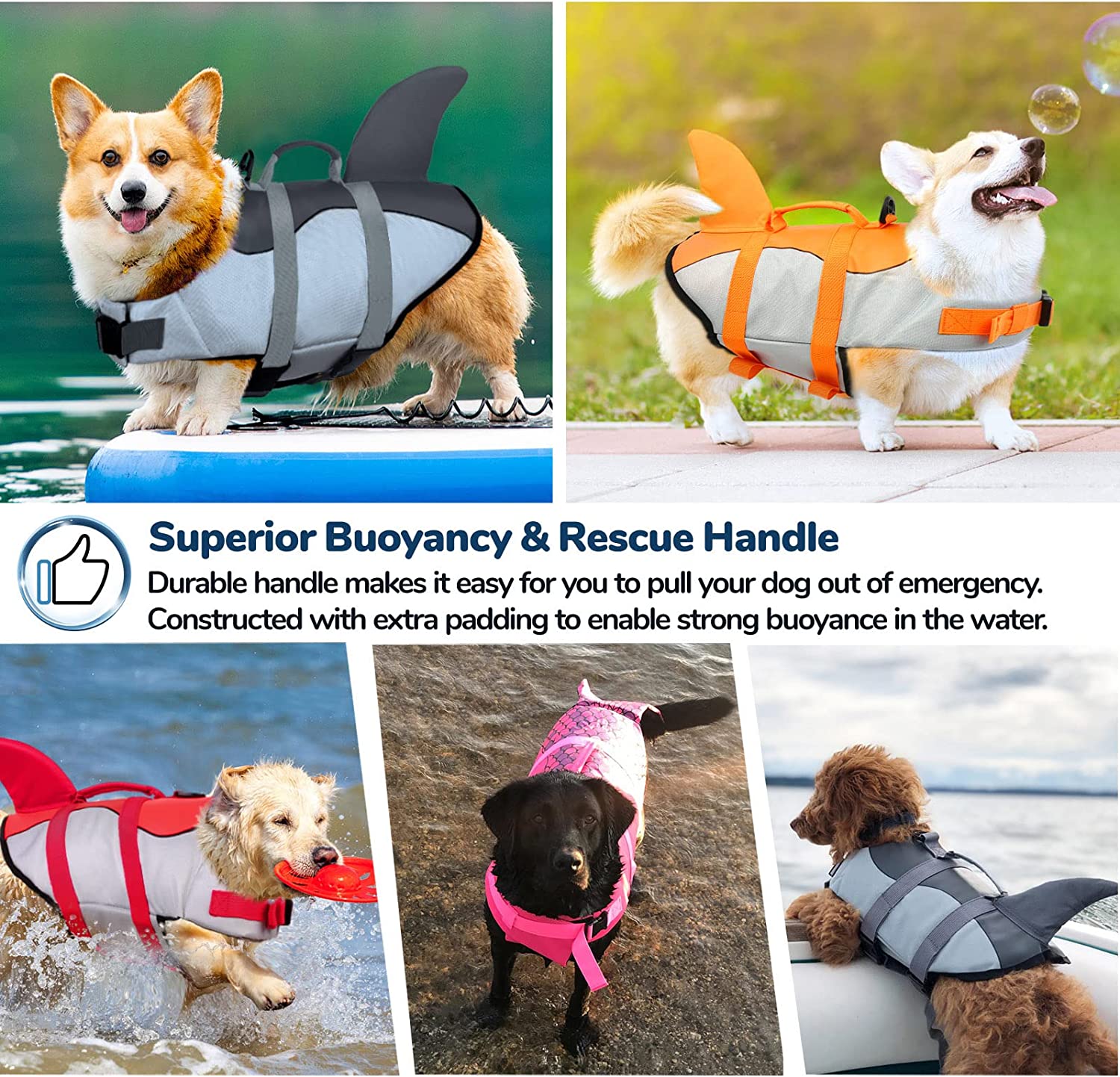 Dog Life Jacket， Ripstop Dog Safety Shark Vest with Adjustable Preserver and Durable Rescue Handle for Small，Medium and Large Dogs