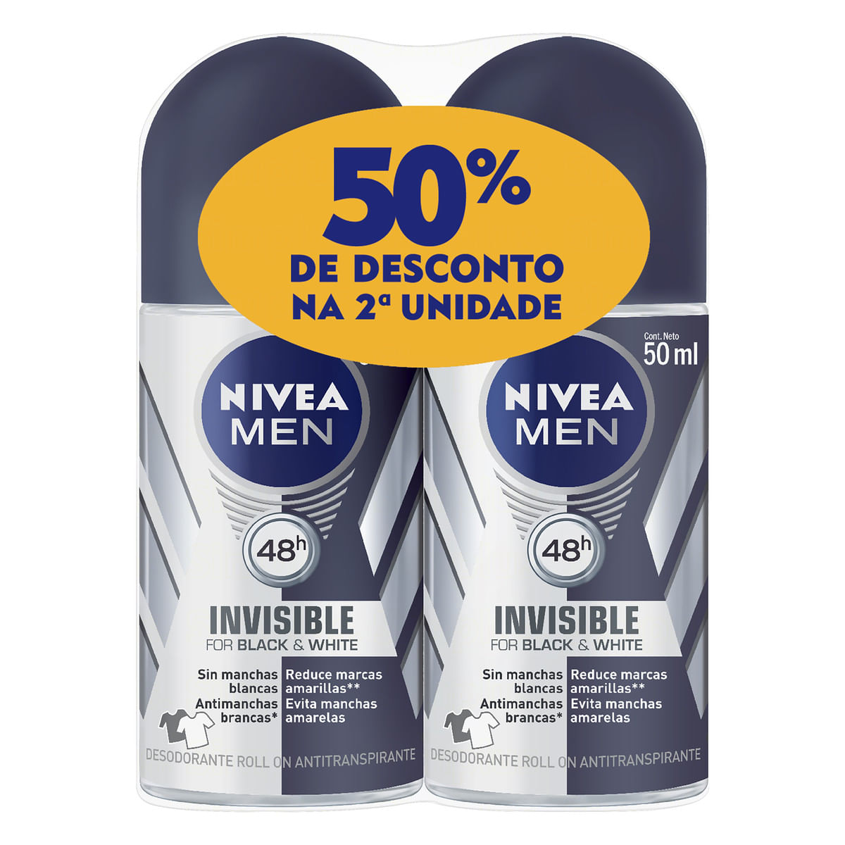 Pack Desodorante Antitranspirante Roll-On Nivea Invisible Black & White Men 2 Unidades 50 ml Cada Gratis 50% de Desconto na 2a Unidade